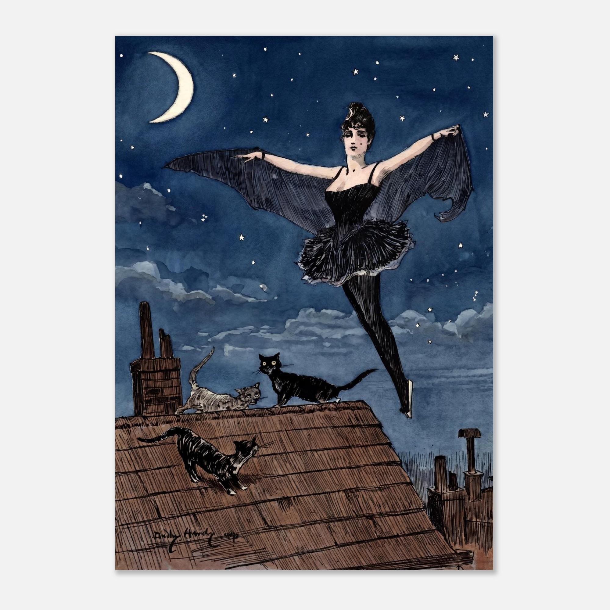 Vintage Bat Woman Art Print Dudley Hardy Cat Illustration Moon Rooftop Gothic Wall Decor Unframed Art Nouveau Vintage