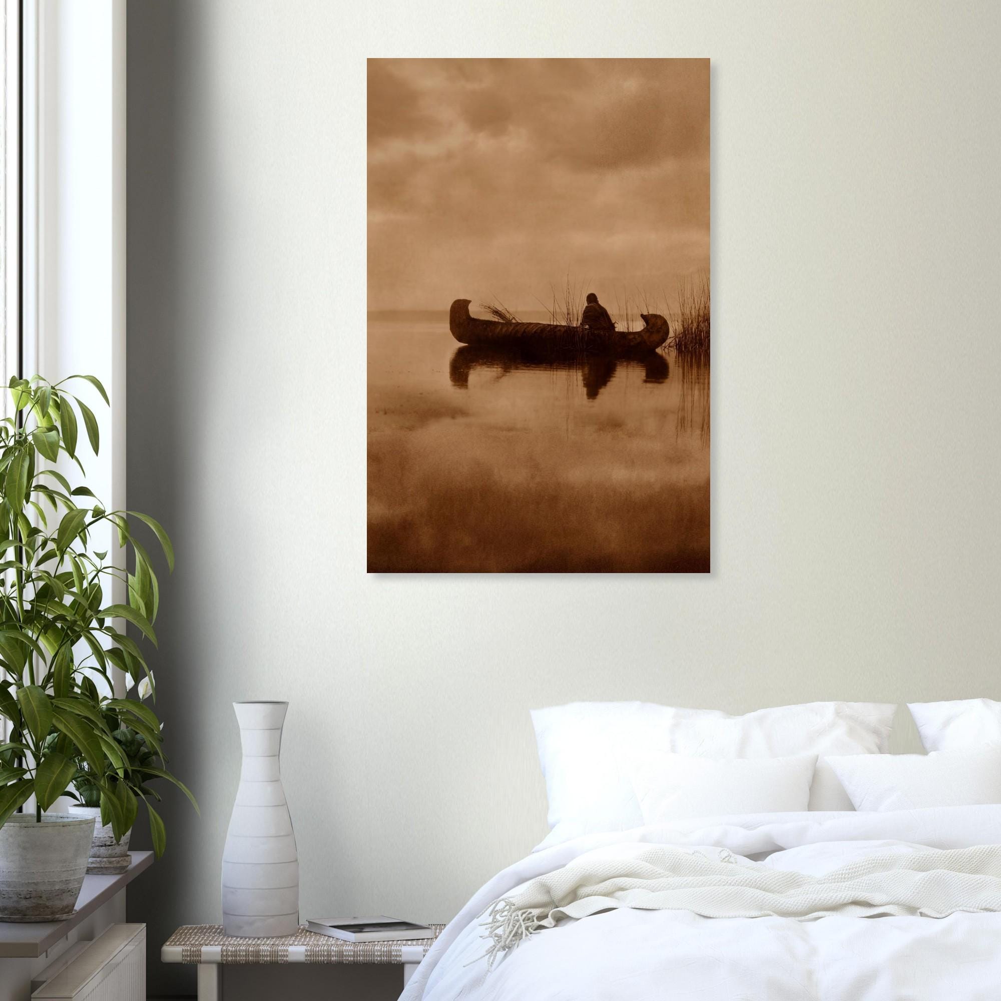 Edward Curtis Kutenai Duck Hunter Print | Native American Canoe Art | Vintage Sepia Wall Art | Rustic Western Home Decor Art Print