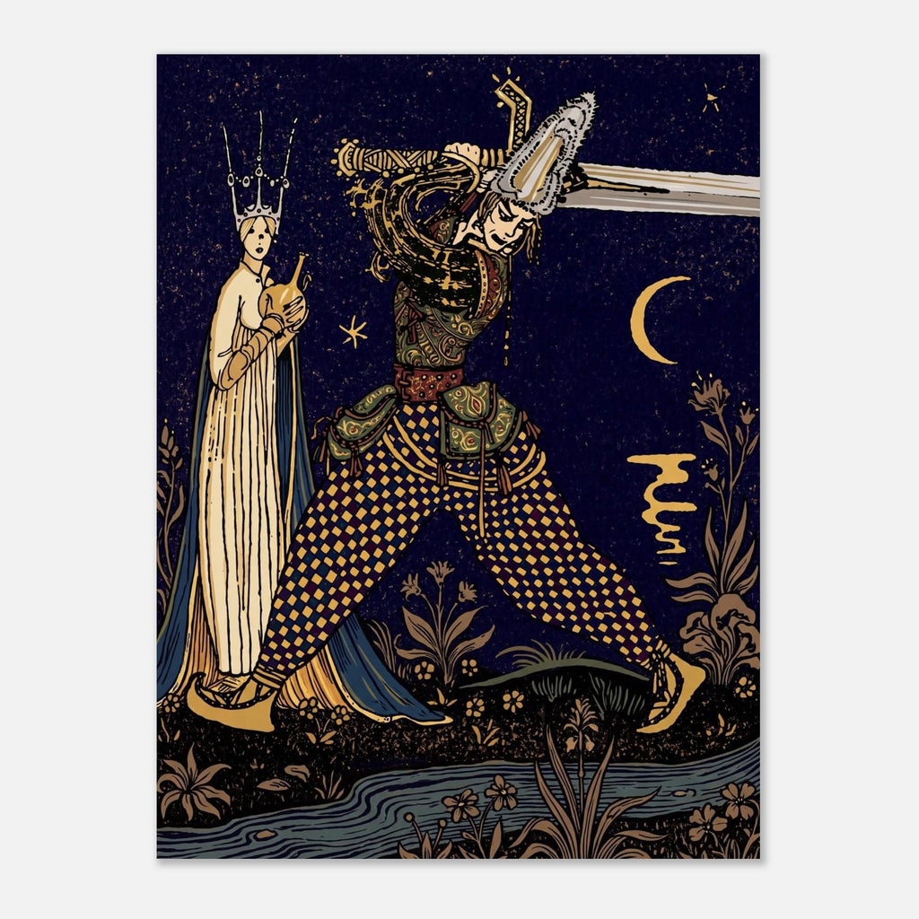 Harry Clarke Vintage Warrior Sword Moon Illustration Dark Fantasy Gothic Art Nouveau Monochrome Book Print Myth Symbolism
