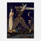 Harry Clarke Vintage Warrior Sword Moon Illustration Dark Fantasy Gothic Art Nouveau Monochrome Book Print Myth Symbolism