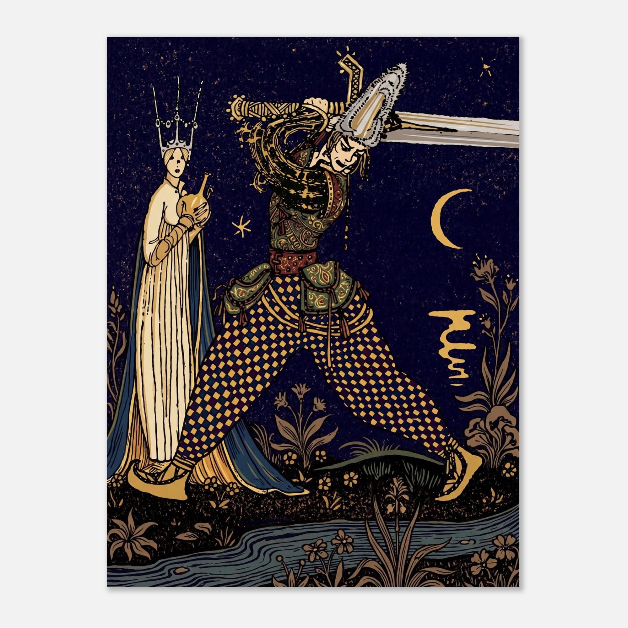 Harry Clarke Vintage Warrior Sword Moon Illustration Dark Fantasy Gothic Art Nouveau Monochrome Book Print Myth Symbolism