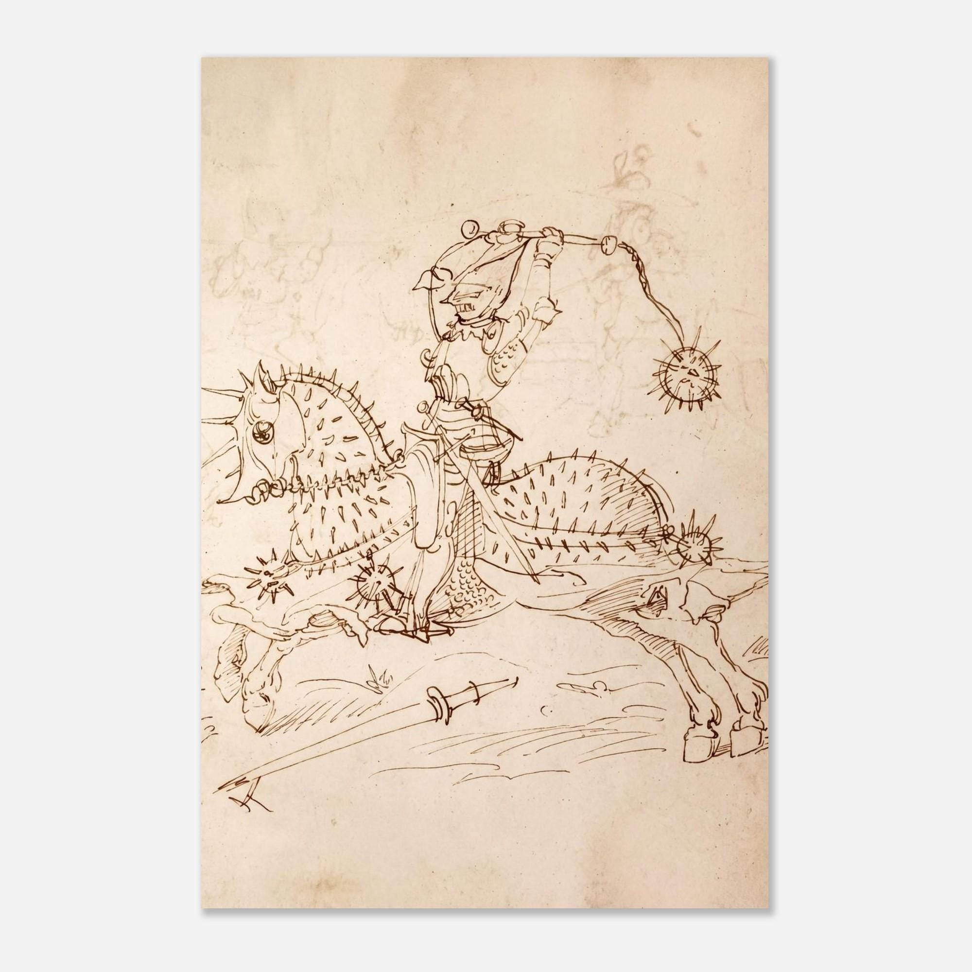 Medieval Knight on Horseback Spiked Armor Art Print | 15th Century German Manuscript Sketch | Historical Warrior Wall Decor