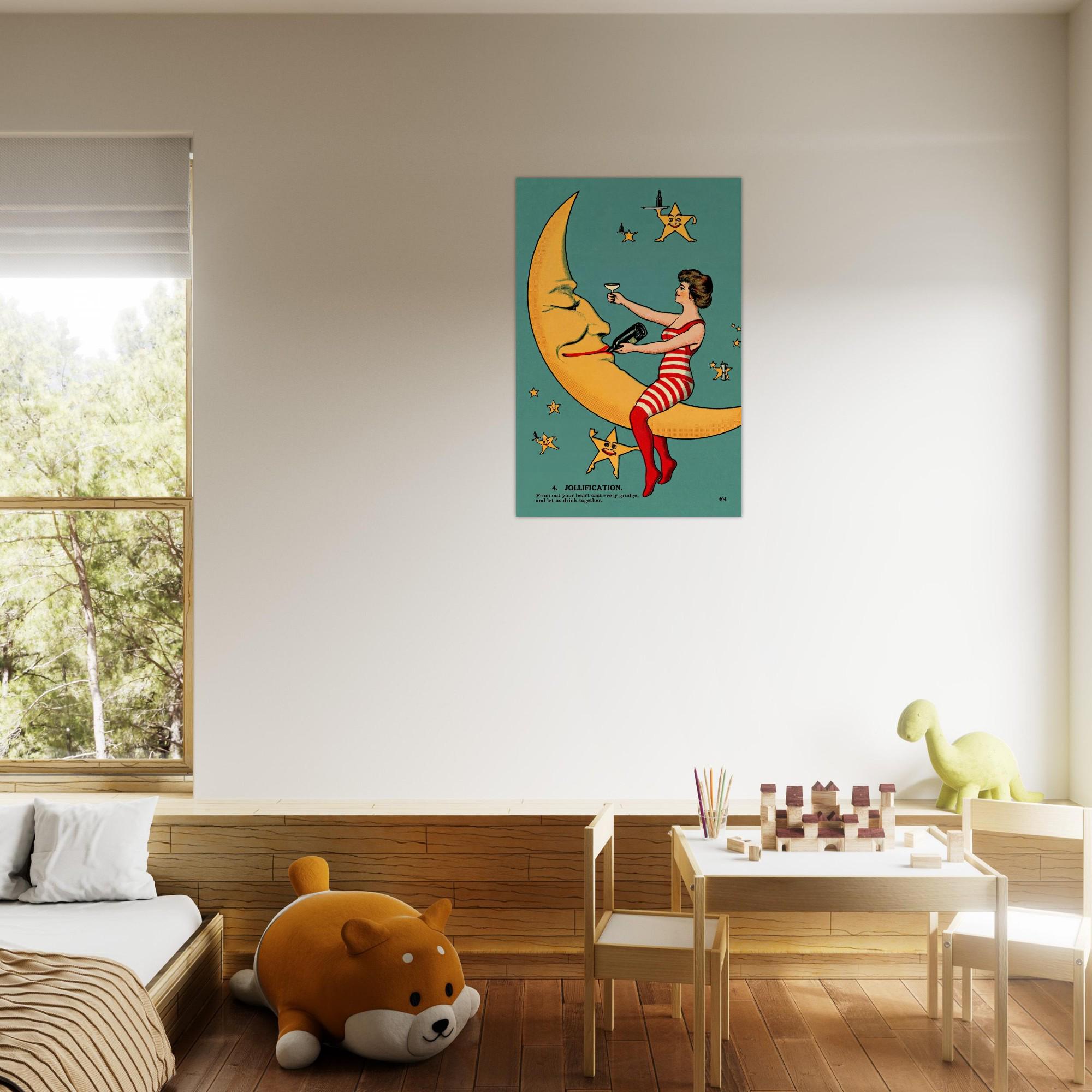 Vintage Moon Lady Art Print Anthropomorphic Crescent Moon Drinking Wine Whimsical Celestial Wall Decor Art Nouveau & Vintage 48f22