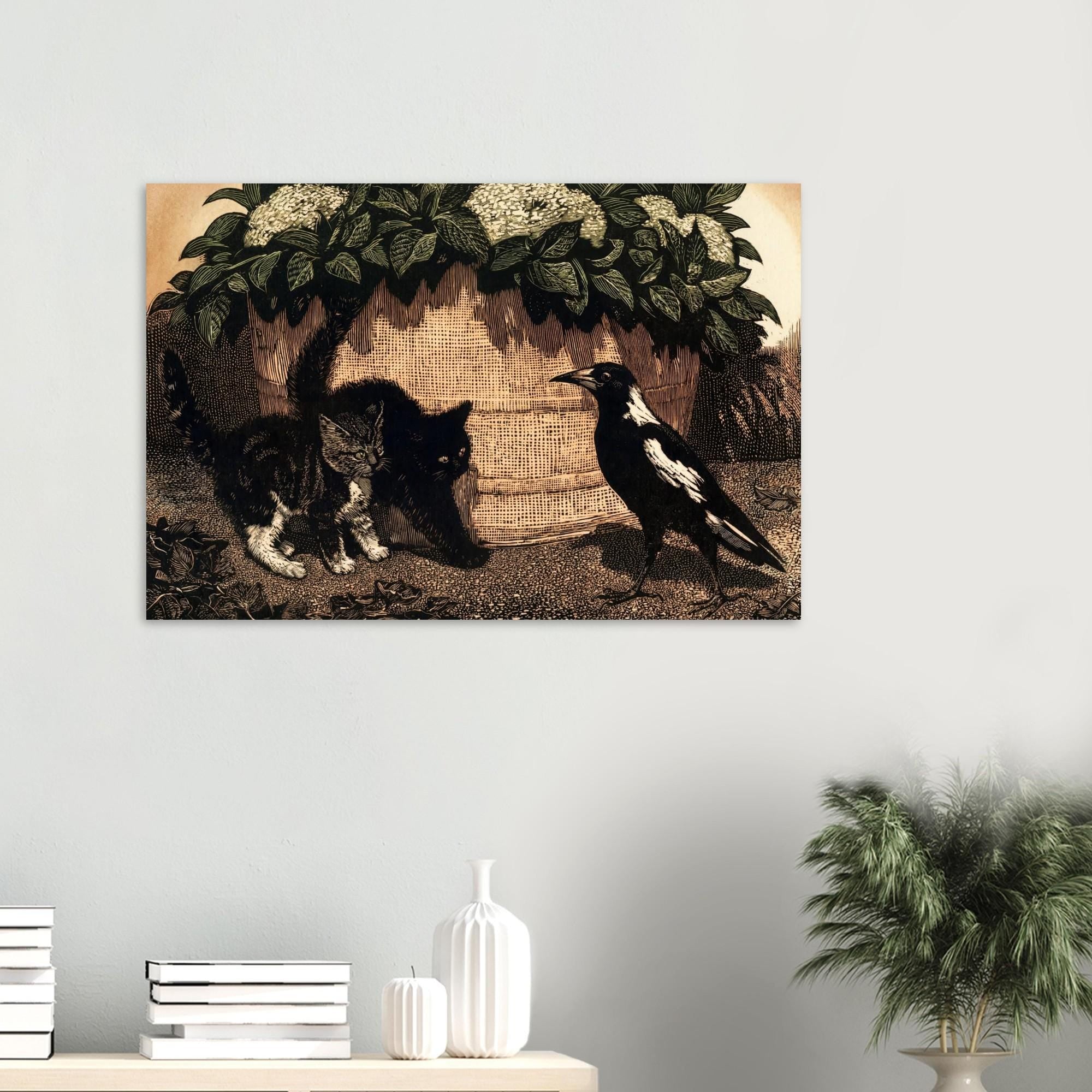 Kittens and Magpie Woodcut Art Print, Lionel Lindsay 1925 Vintage Wood Engraving, Black and White Animal Wall Art, Animals & Creatures