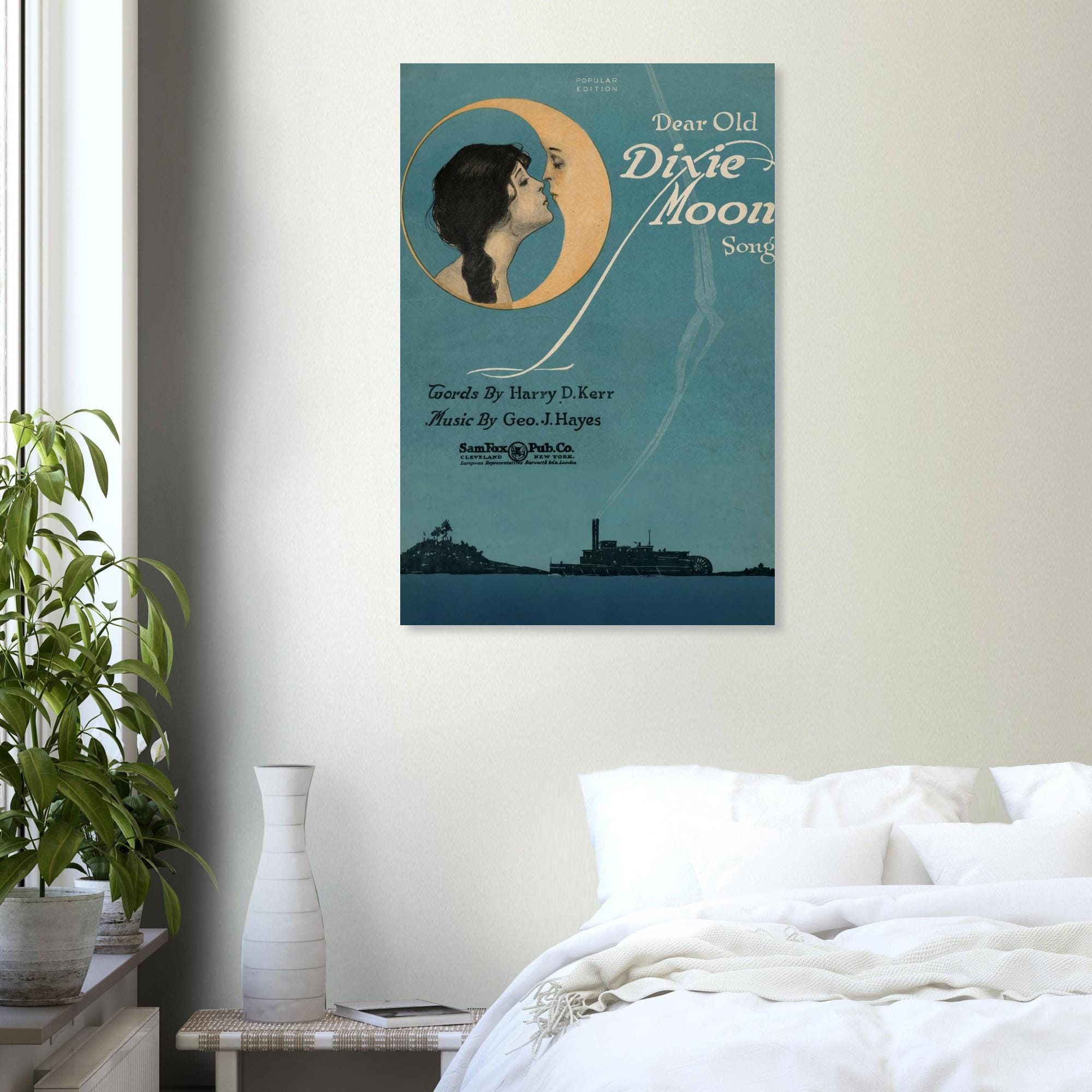 Vintage Moon Art Print Woman Kissing Crescent Moon 1920s Sheet Music Poster Celestial Wall Decor Whimsigoth Gift Retro Decor