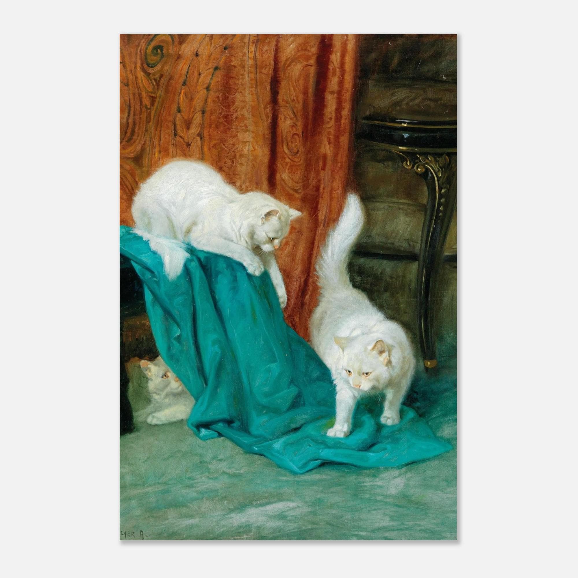 Vintage White Cat Oil Painting Print Arthur Heyer Three Curious Kittens Antique Feline Wall Art Decor Animals Creatures