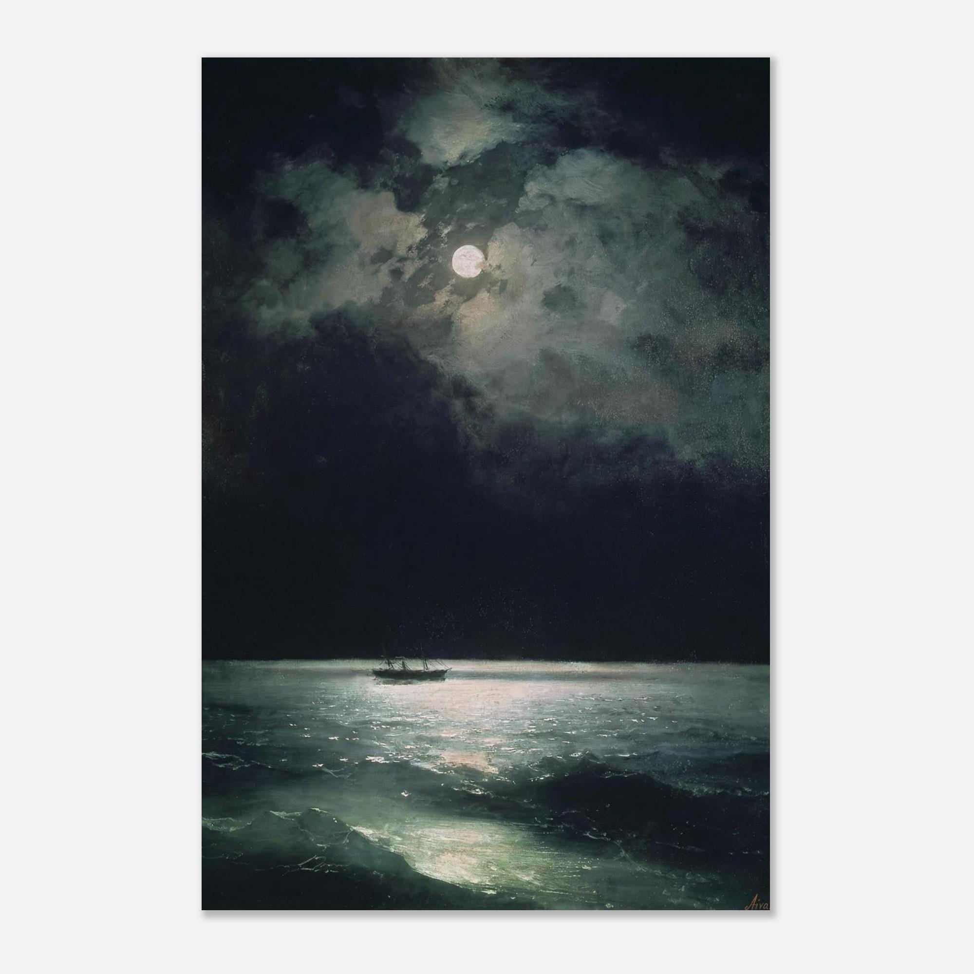 Vintage Antique Moonlit Ocean Painting Print Moody Nautical Seascape Wall Art Dark Academia Night Sea Decor Landscapes Scenery