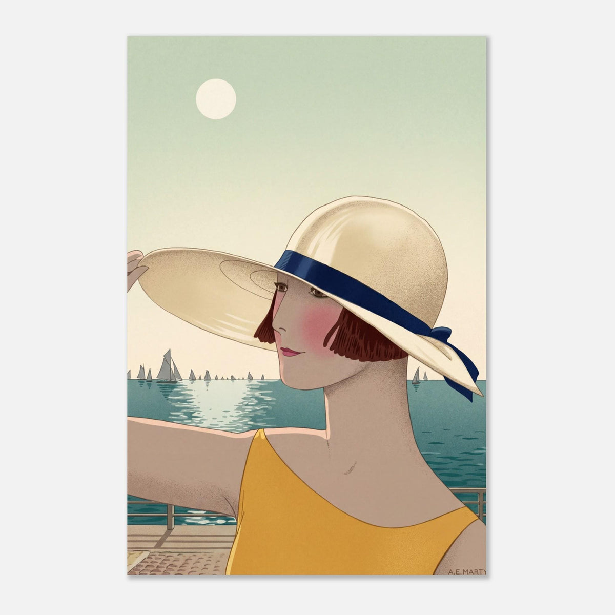 Andre Edouard Marty Art Deco Fashion Print 1925 French Illustration Sur La Digue Seaside Woman Summer Hat Art Nouveau Vintage