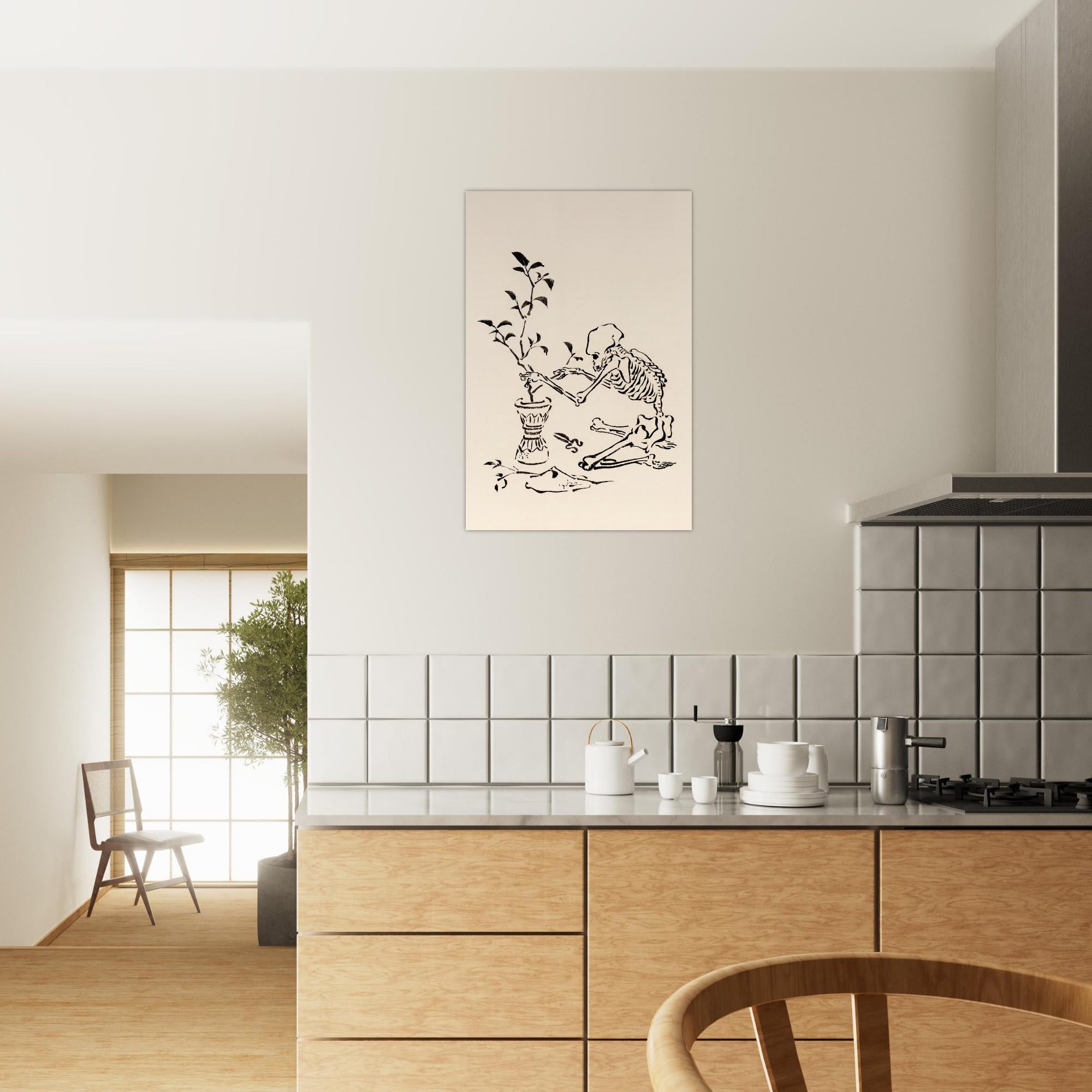 Kawanabe Kyosai Skeleton Pruning Plant Art Print | Japanese Sumi-e Ink Sketch | Vintage Gothic Wall Art | Macabre Home Decor Print