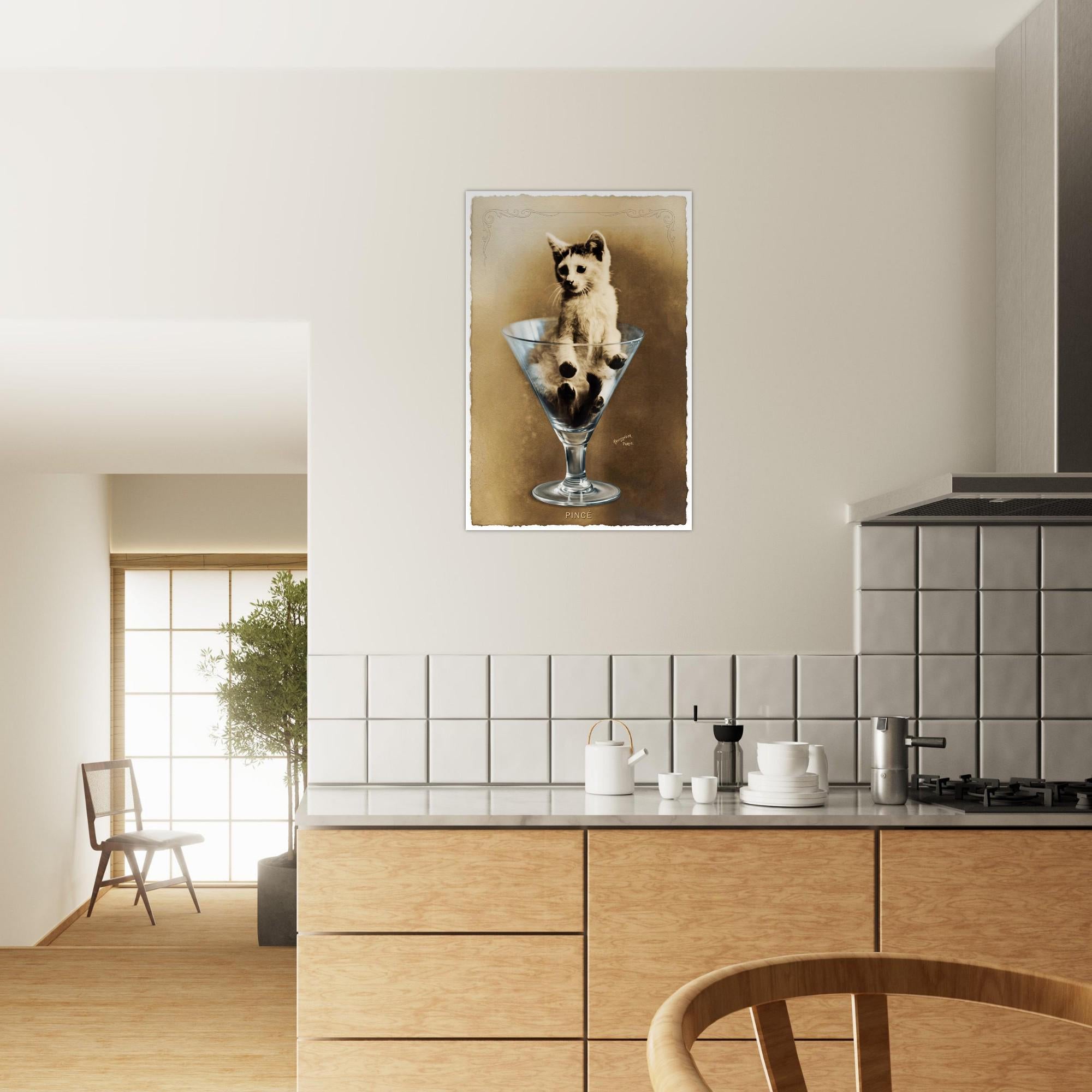 Antique Kitten in Martini Glass Vintage Cat Print Reutlinger Paris Postcard Wall Art Sepia Aesthetic Decor Animals & Creatures 7b84b