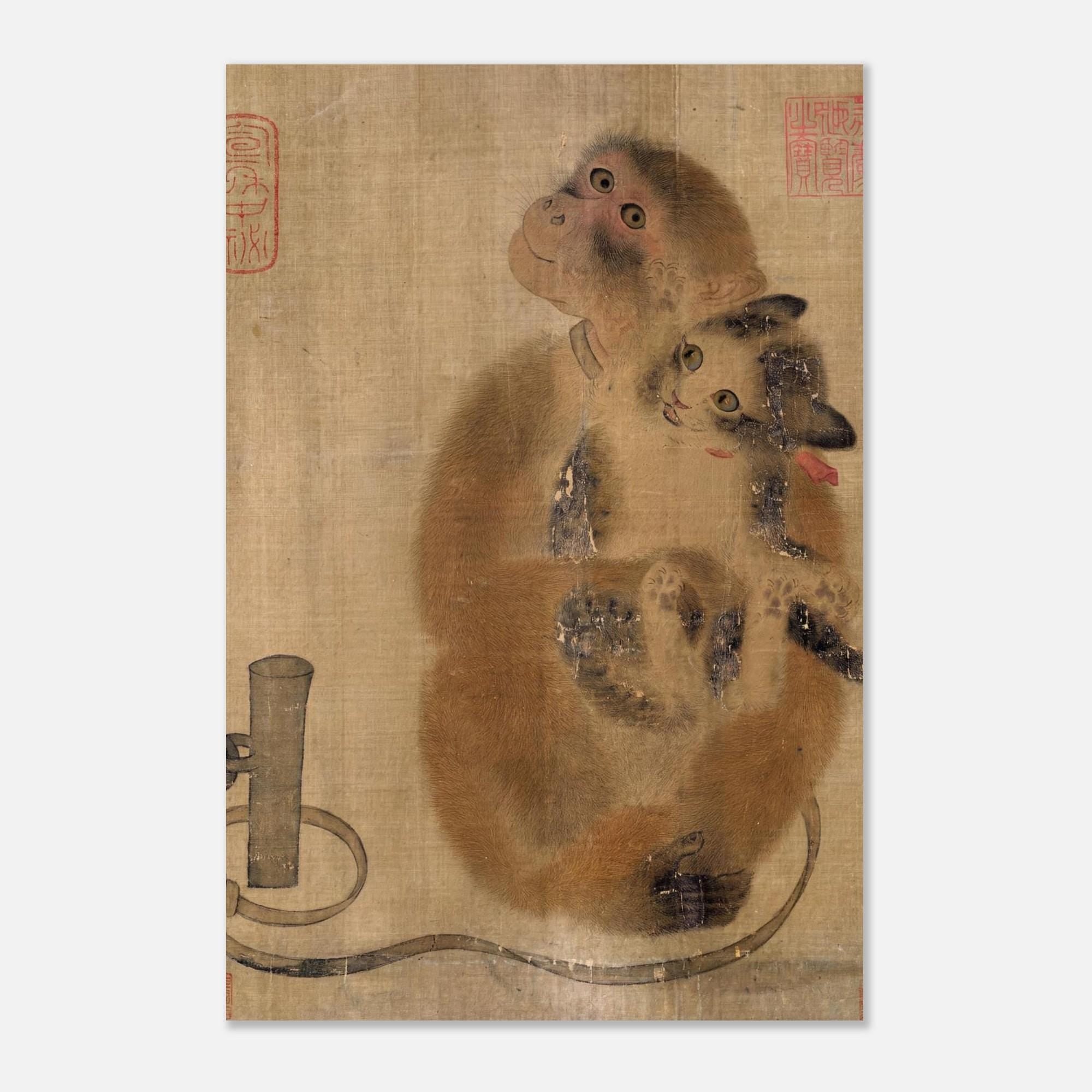 Monkey and Cat Art Print | Traditional Chinese Song Dynasty Wall Art | Vintage Asian Animal Painting | Zen Home Decor Poster