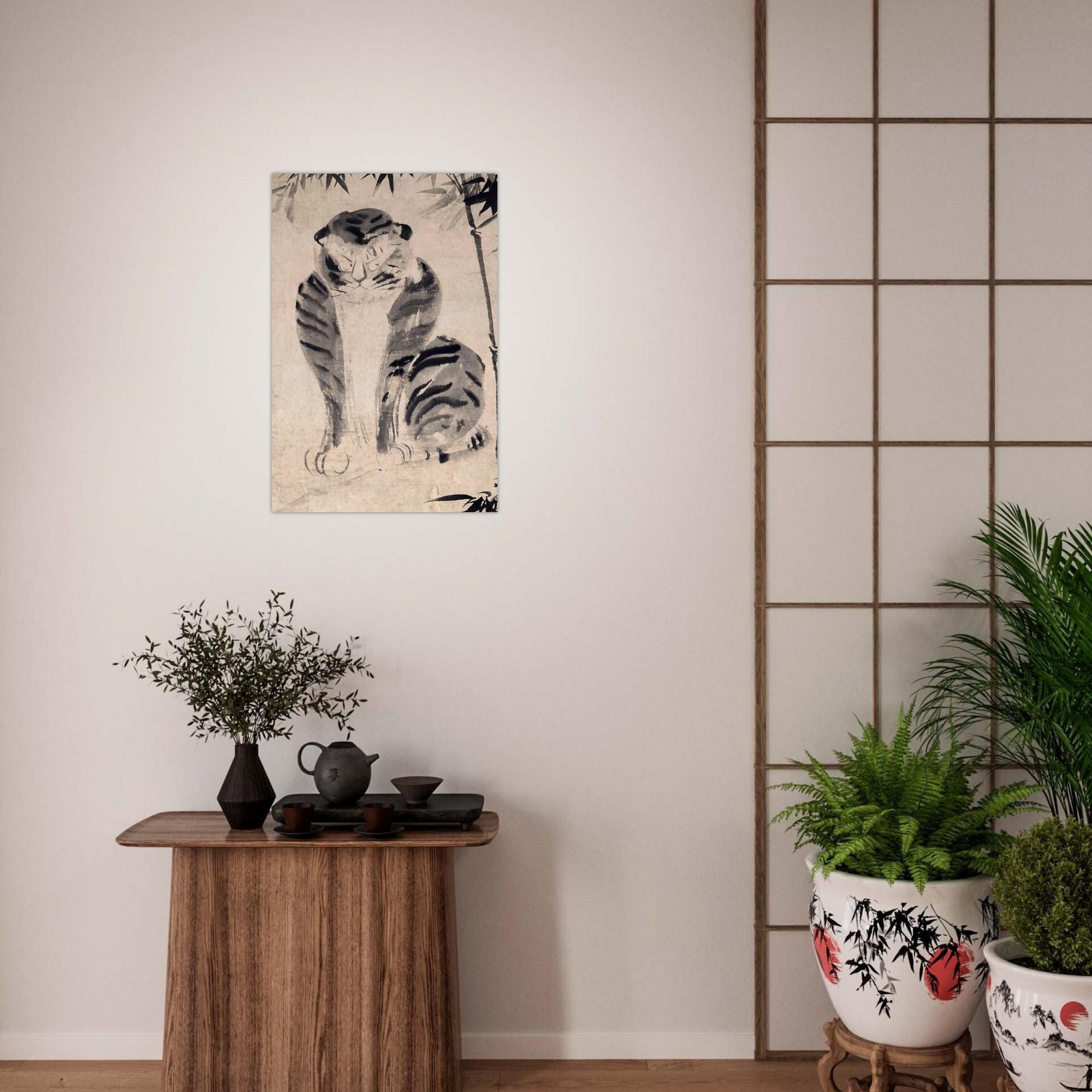 Vintage Korean Minhwa Tiger and Bamboo Painting Antique East Asian Ink Wash Art Print Whimsical Animal Wall Decor Woodblock Asian Art