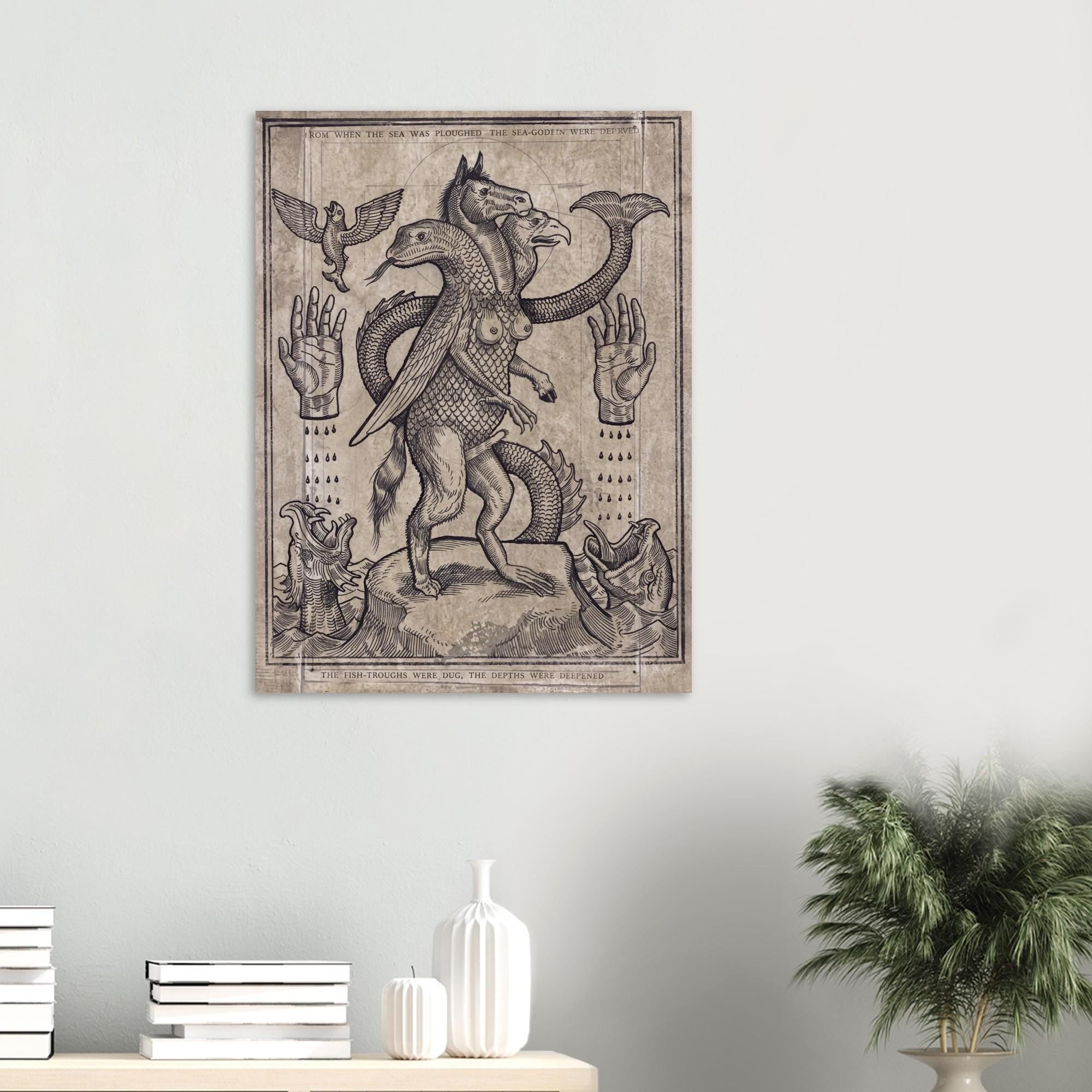 Vintage Occult Sea Monster Woodcut Wall Art Print Dark Mythology Chimera Engraving Gothic Folk Horror Decor Myth And Symbolism