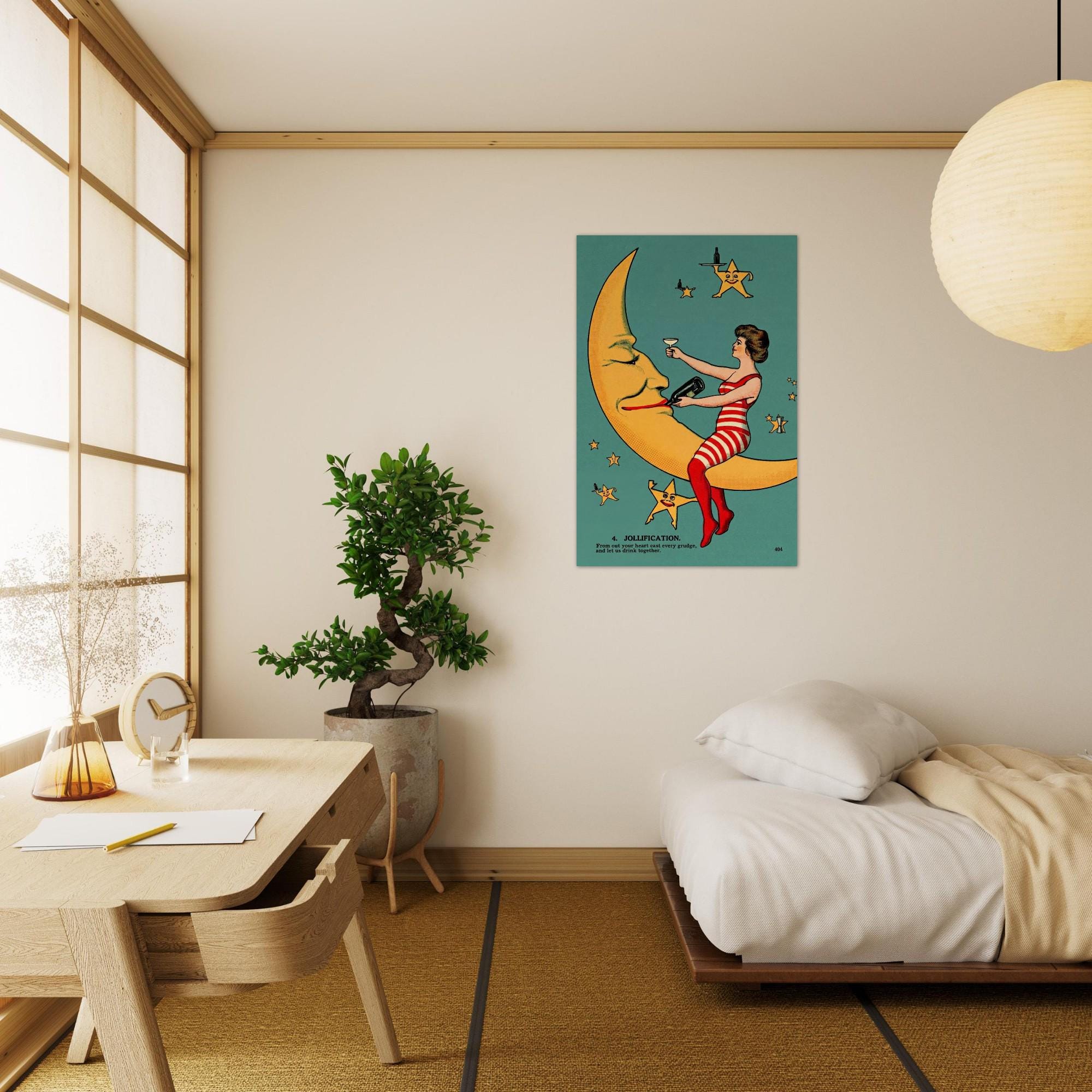 Vintage Moon Lady Art Print Anthropomorphic Crescent Moon Drinking Wine Whimsical Celestial Wall Decor Art Nouveau & Vintage 48f22