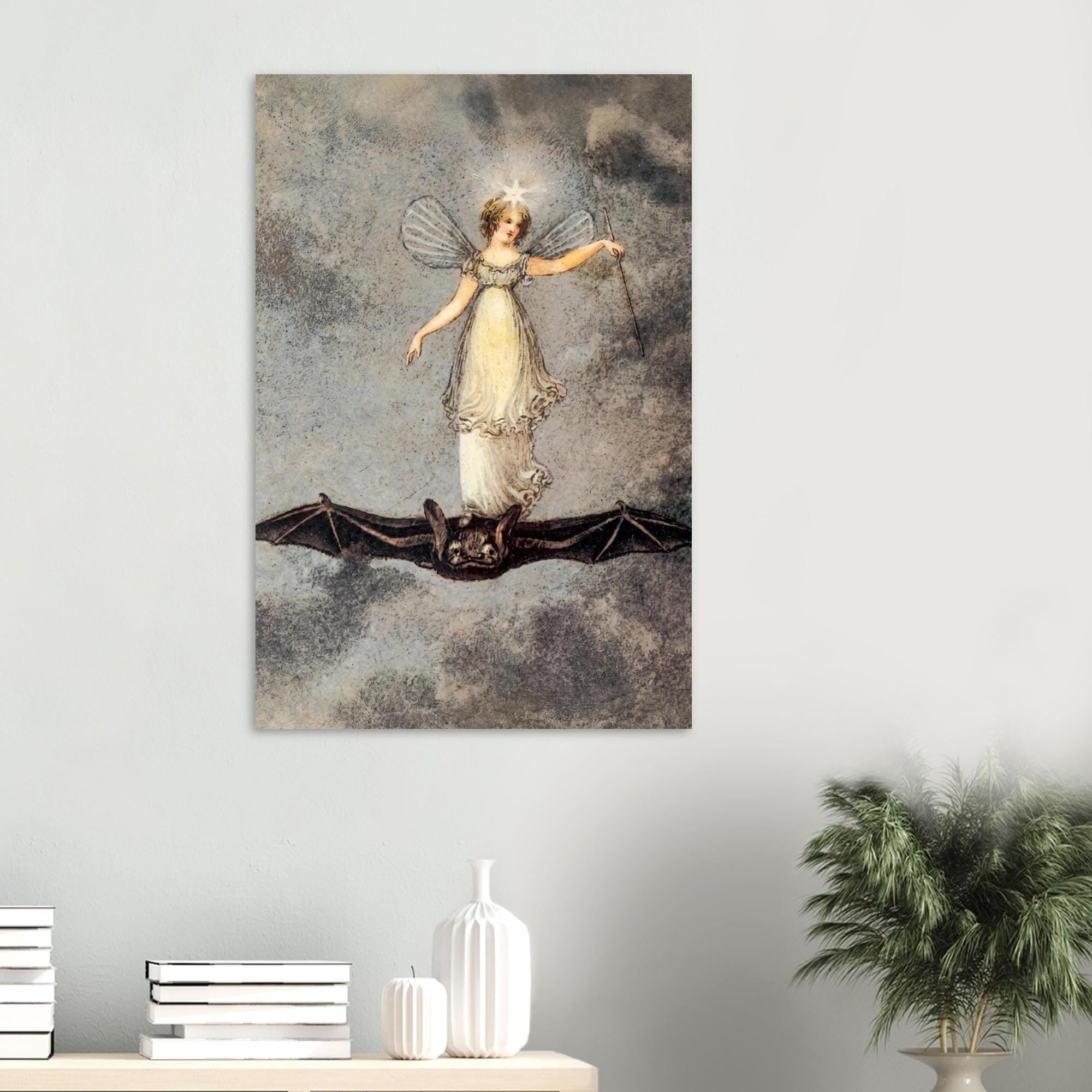 Victorian Fairy Riding Bat Art Print Amelia Jane Murray Regency Illustration Gothic Mythology Whimsical Decor Dark Academia Moody