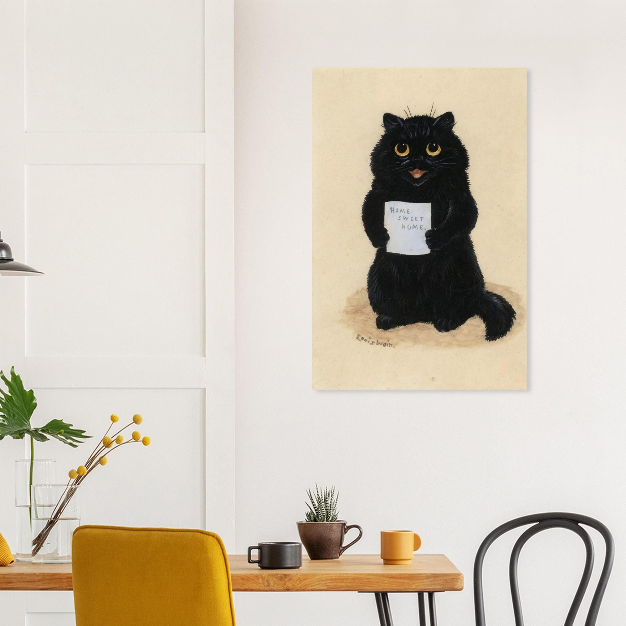 Home Sweet Home by Louis Wain Fine Art Print, Vintage Cat Poster, Victorian Wall Art, Funny Black Cat Decor, Quirky Animal Gift