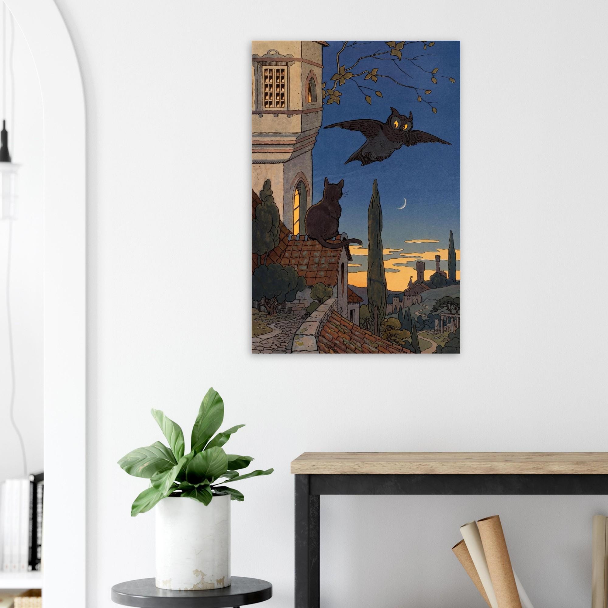 Vintage Owl and Cat Art Print, Whimsical Night Tower Illustration, Retro Animal Wall Decor, Unframed Art Nouveau & Vintage