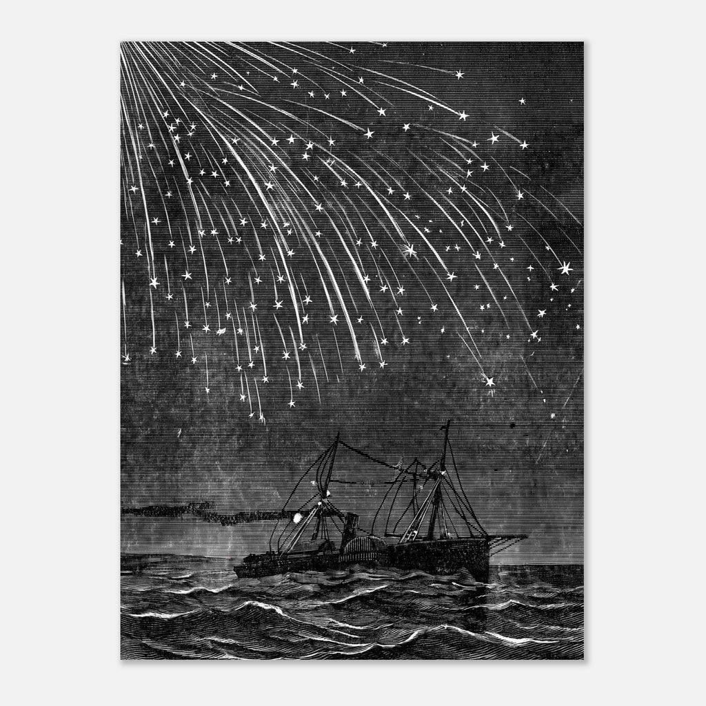 Vintage Meteor Shower Print Shooting Stars Night Sky Wall Art Antique Celestial Engraving Ship At Sea Poster Celestial Astronomy
