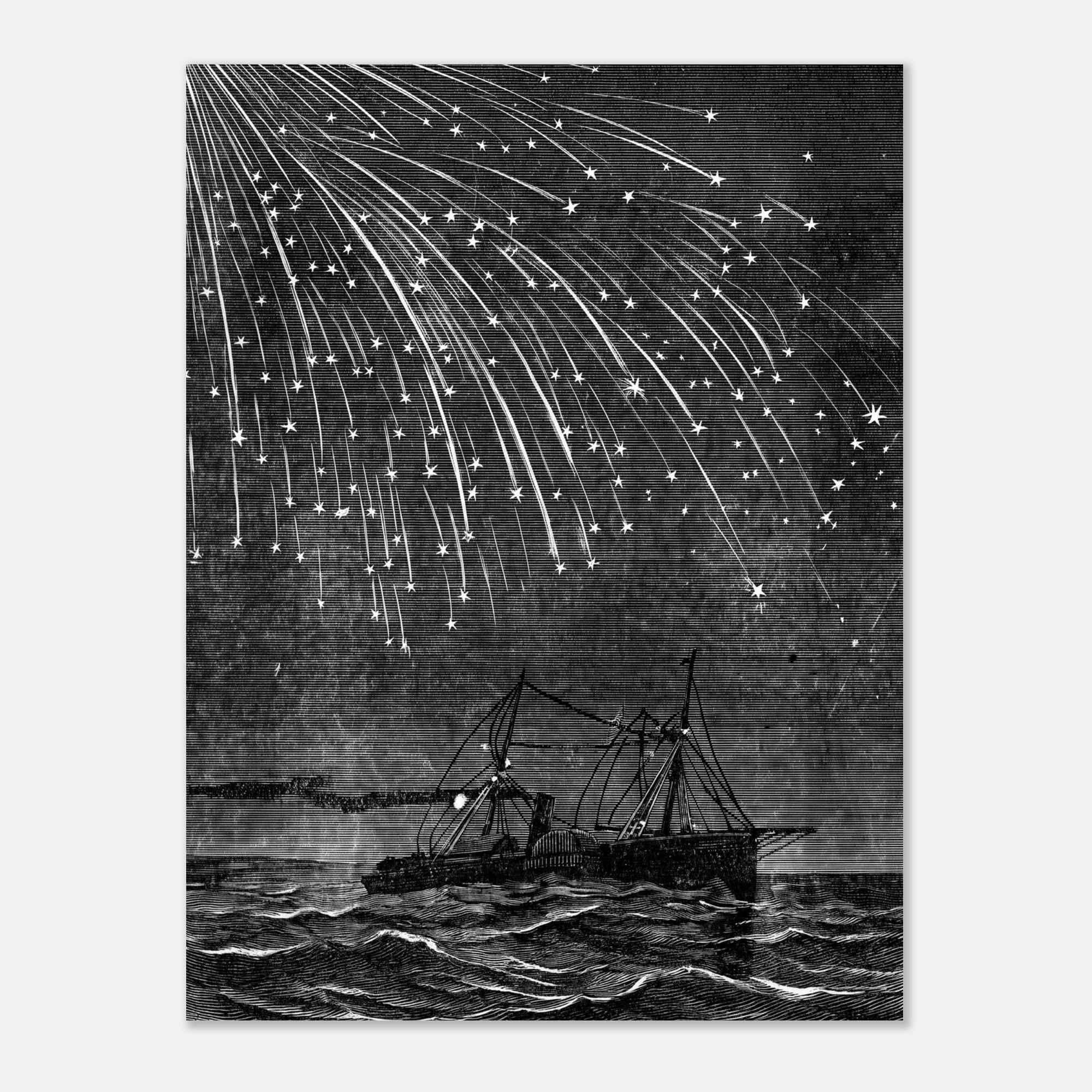 Vintage Meteor Shower Print Shooting Stars Night Sky Wall Art Antique Celestial Engraving Ship At Sea Poster Celestial Astronomy