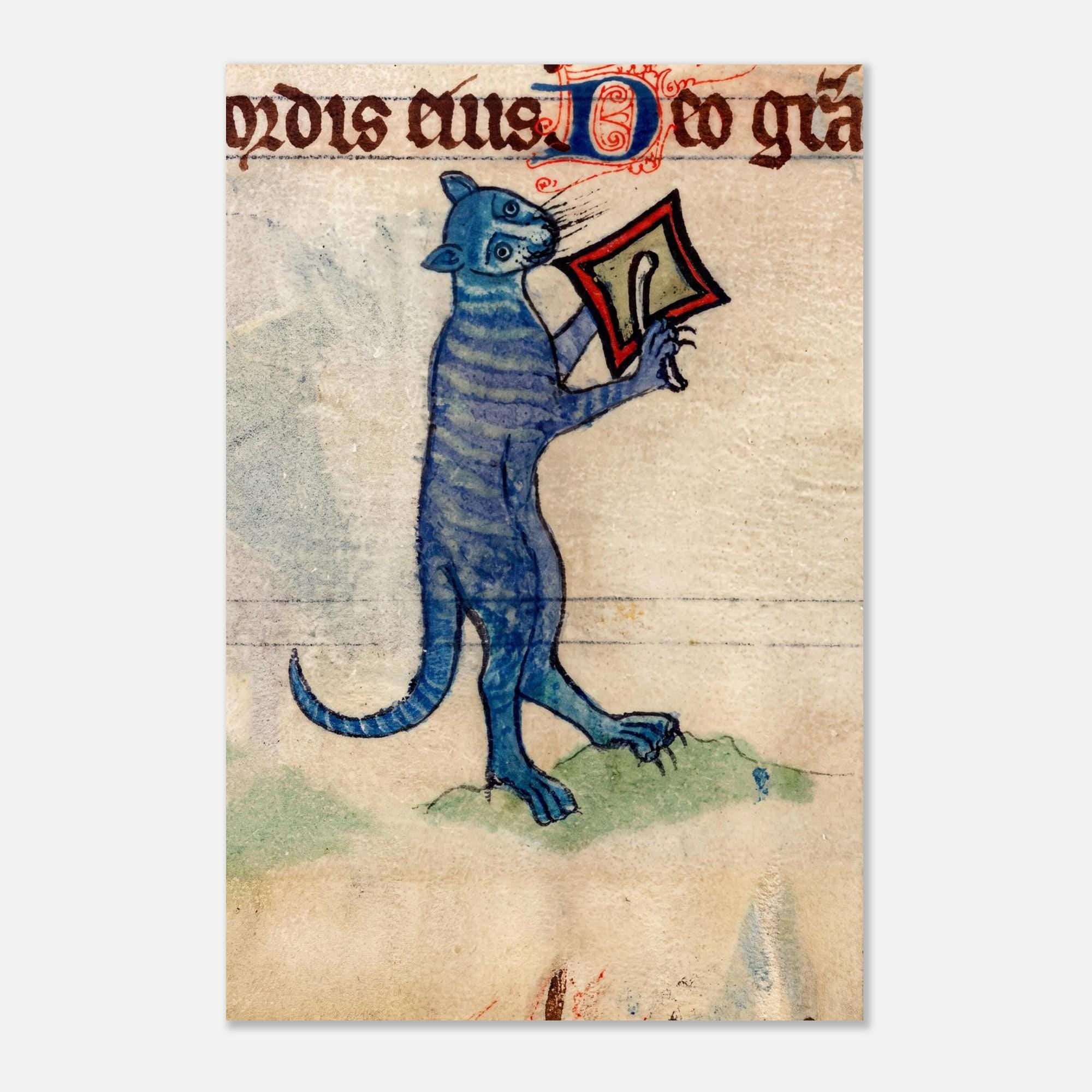 Weird Medieval Cat Art Print Blue Striped Cat Playing Organ Portative Organ Wall Art Vintage Illuminated Manuscript Animals and Creatures