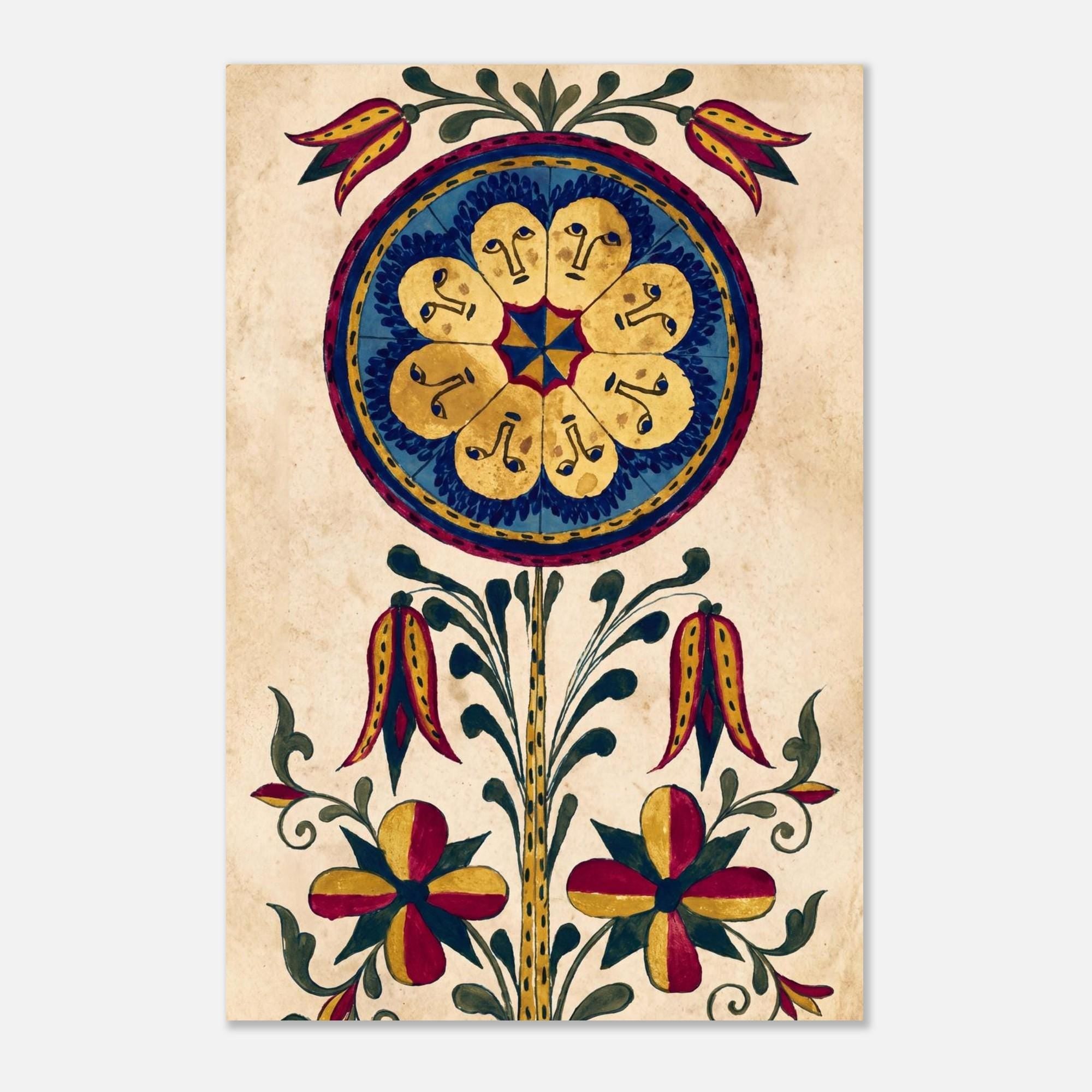 Antique Pennsylvania Dutch Fraktur Sun Flower Print, 18th Century Folk Art Drawing, Primitive Americana Wall Decor Folk & Naive Art da4fd