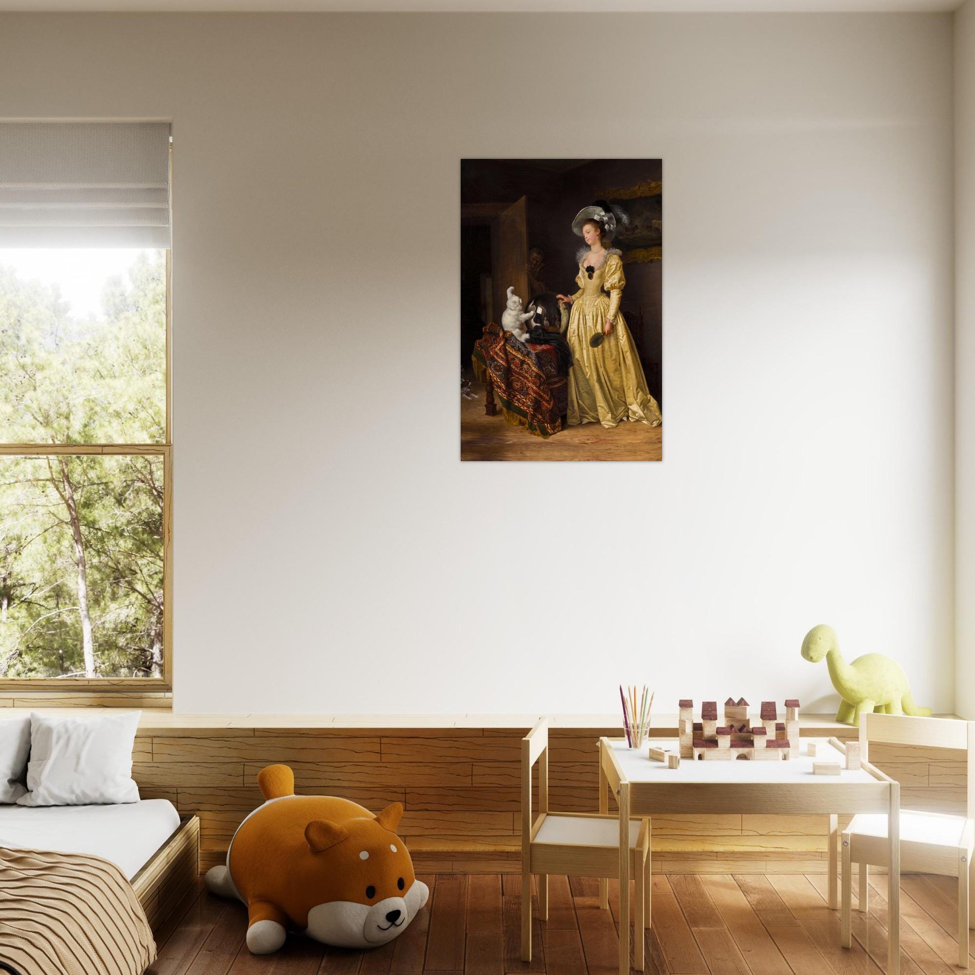 Vintage Fortune Teller Art Print Woman in Yellow Dress with White Cat Crystal Ball Moody Dark Academia Wall Art Portraits Figures