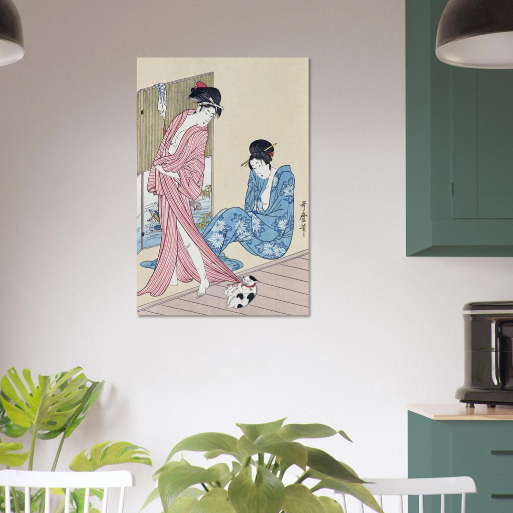 Majestic Japanese Woodblock Art Print Playful Cat Biting Kimono Kitagawa Utamaro Ukiyo e Masterpiece Poster Woodblock And Asian Art