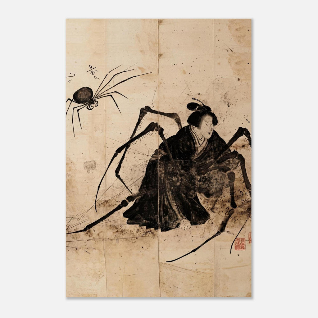 Jorogumo Spider Woman Japanese Folklore Yokai Art Monster Vintage Ink Drawing Dark Mythology Print Woodblock Asian Art