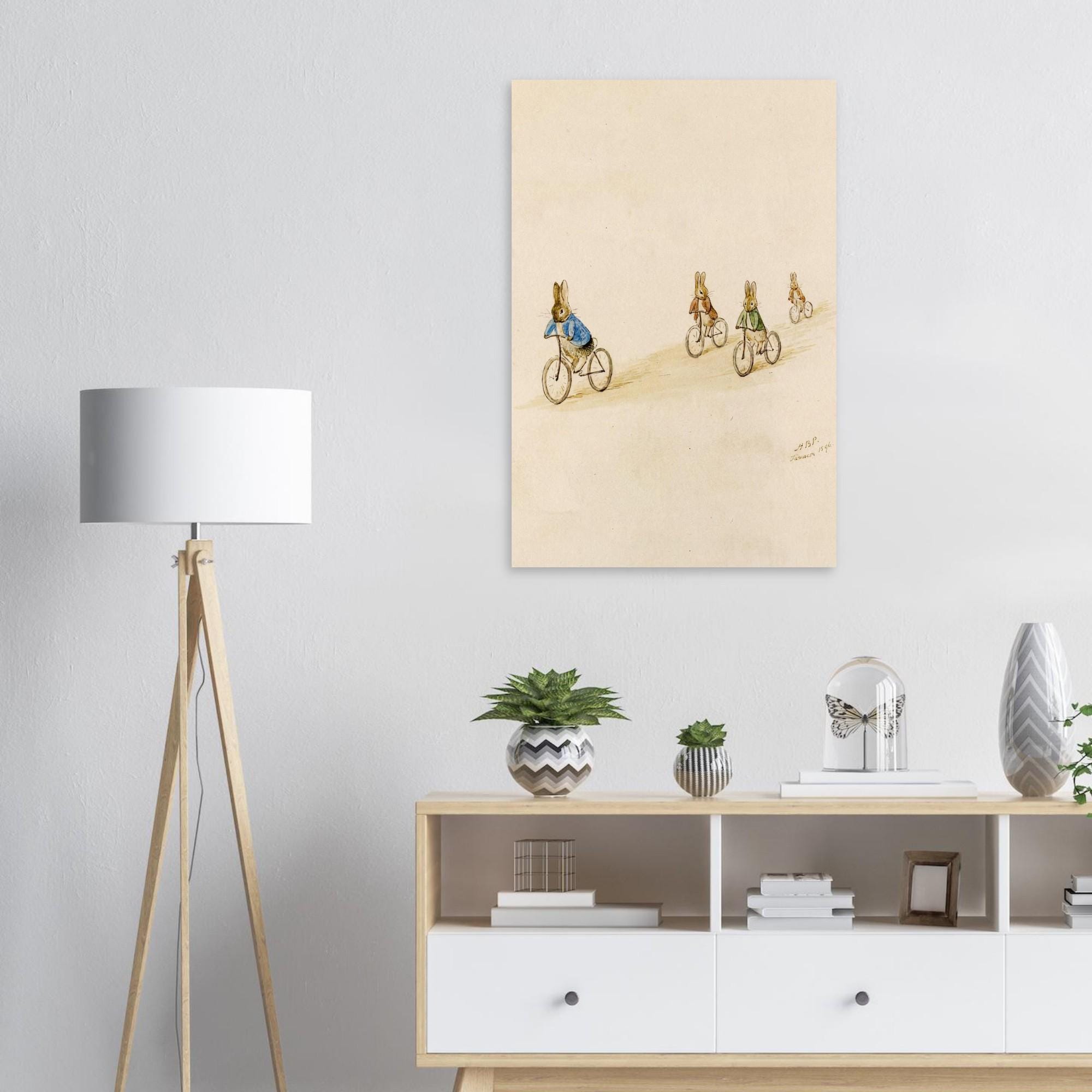 Beatrix Potter Rabbits on Bicycles Art Print | Vintage Nursery Wall Art | Antique Bunny Illustration | Baby Boy Room Decor | Unframed