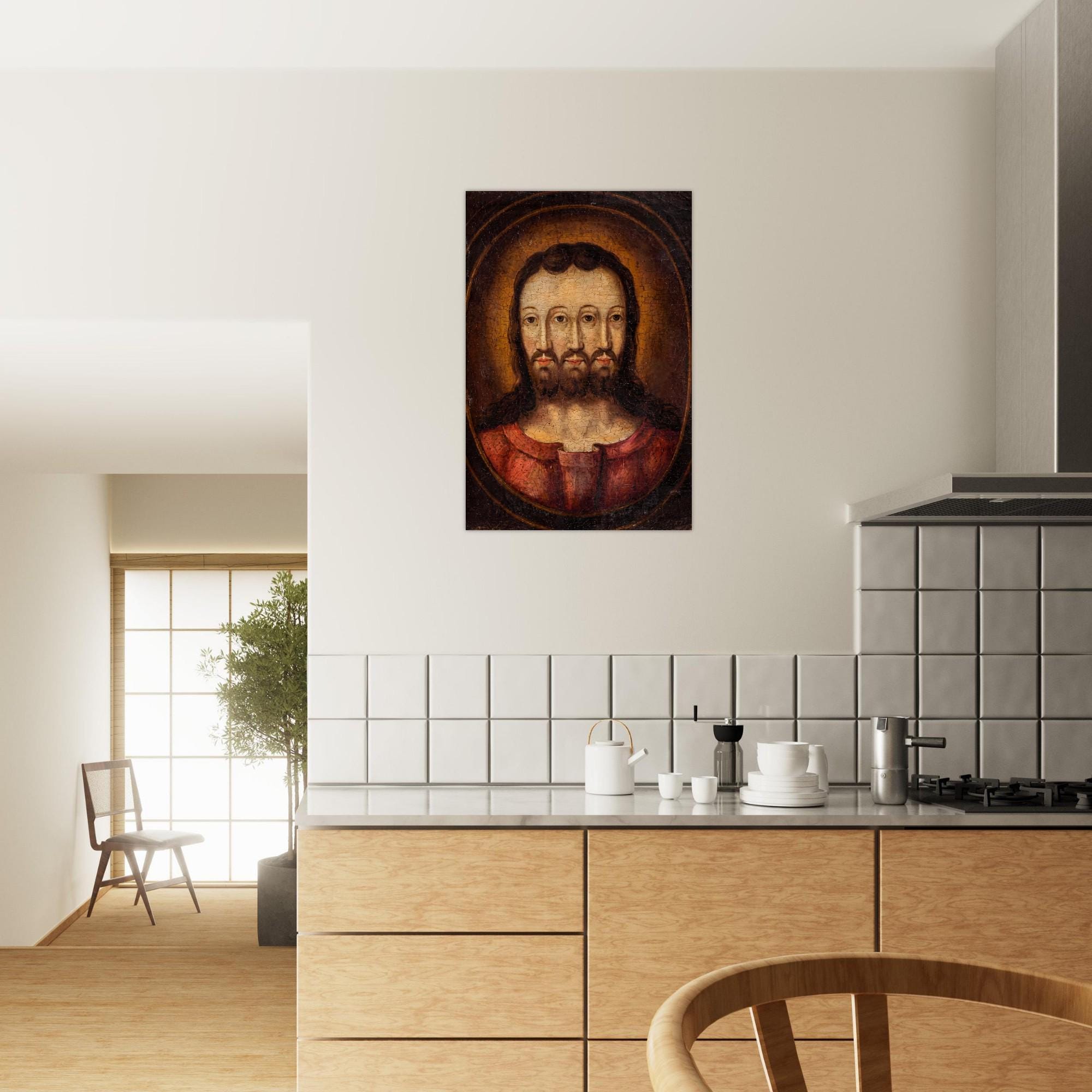 Trifacial Trinity Art Print | Three Faced Jesus Painting | Antique Religious Wall Art | Banned Christian Icon | Unusual Home Decor