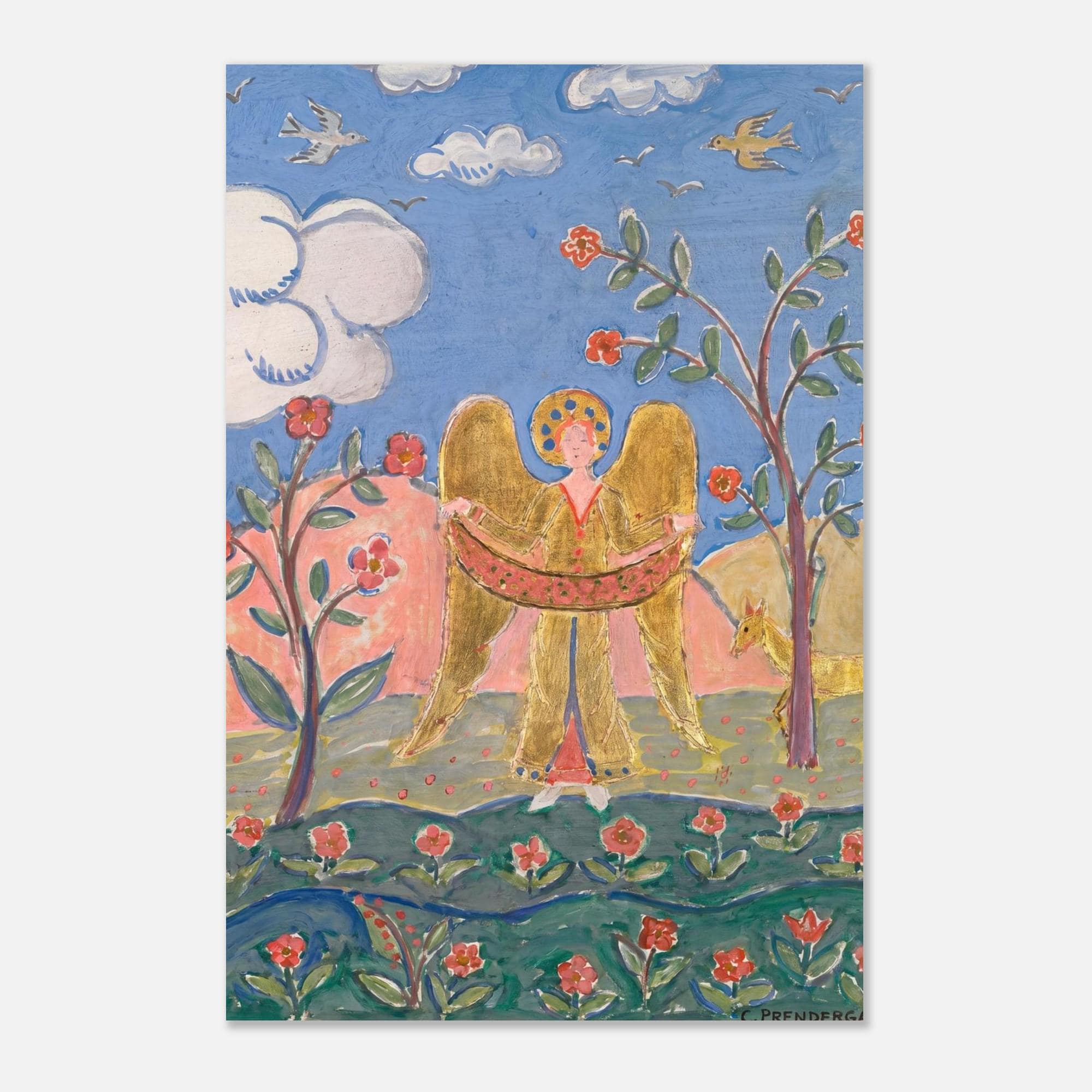 Vintage Folk Art Angel Print Charles Prendergast Gold Leaf Style Decor Primitive Americana Religious Nursery Art Folk & Naive Art 46c96