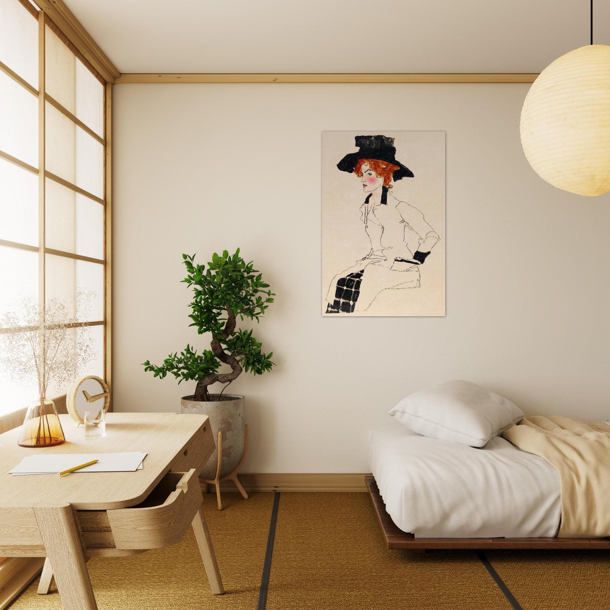 Egon Schiele Portrait of Gertrude Red Hair Woman in Large Hat Fine Art Print Vintage Sketch Moody Wall Decor Portraits Figures