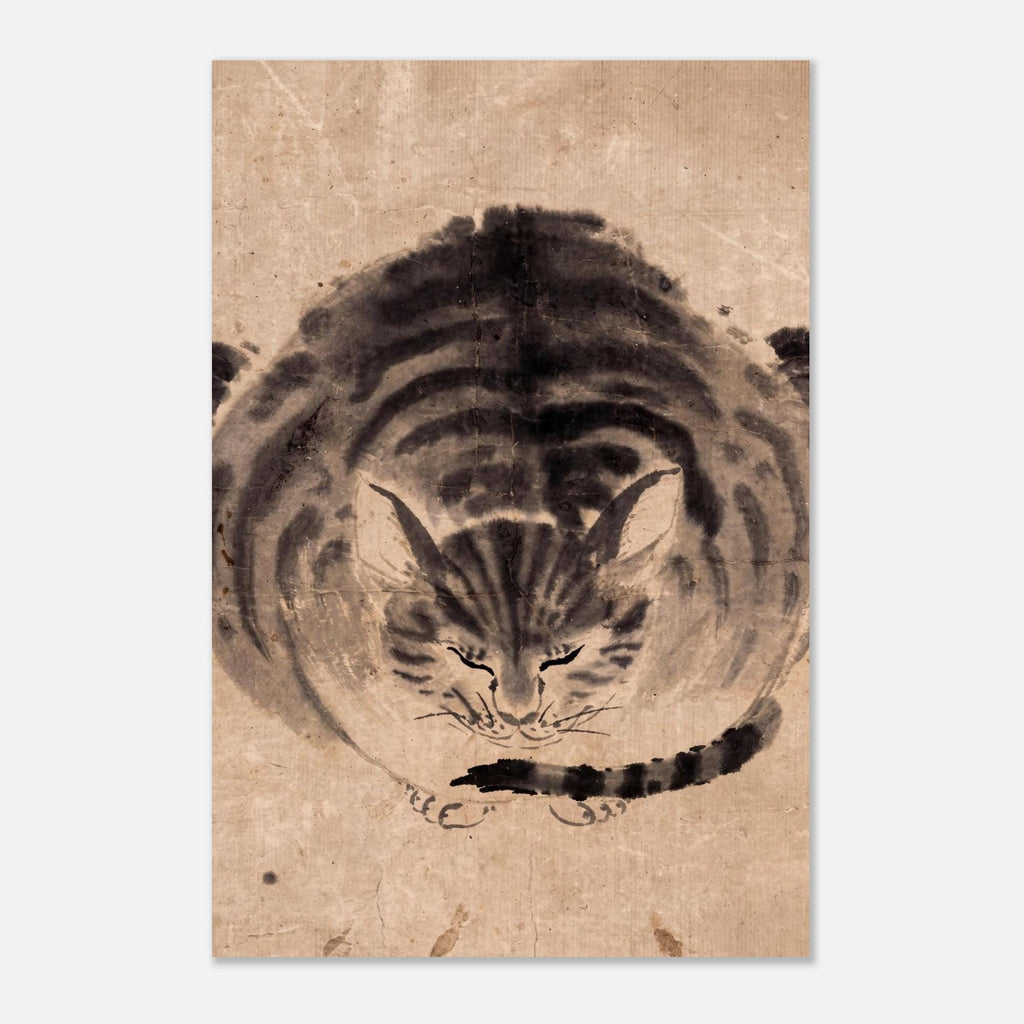Vintage Japanese Sleeping Tiger Ink Wash Print Antique Zen Cat Sumi e Art Painting Minimalist Monochrome Woodblock Asian Art