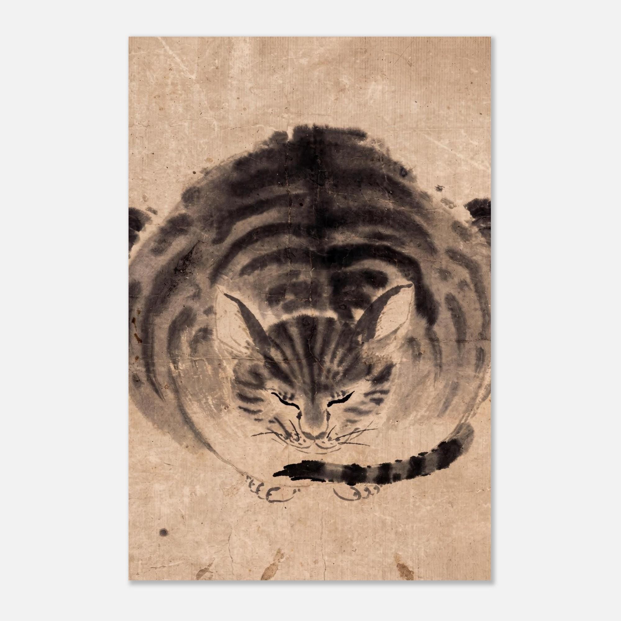 Vintage Japanese Sleeping Tiger Ink Wash Print Antique Zen Cat Sumi e Art Painting Minimalist Monochrome Woodblock Asian Art