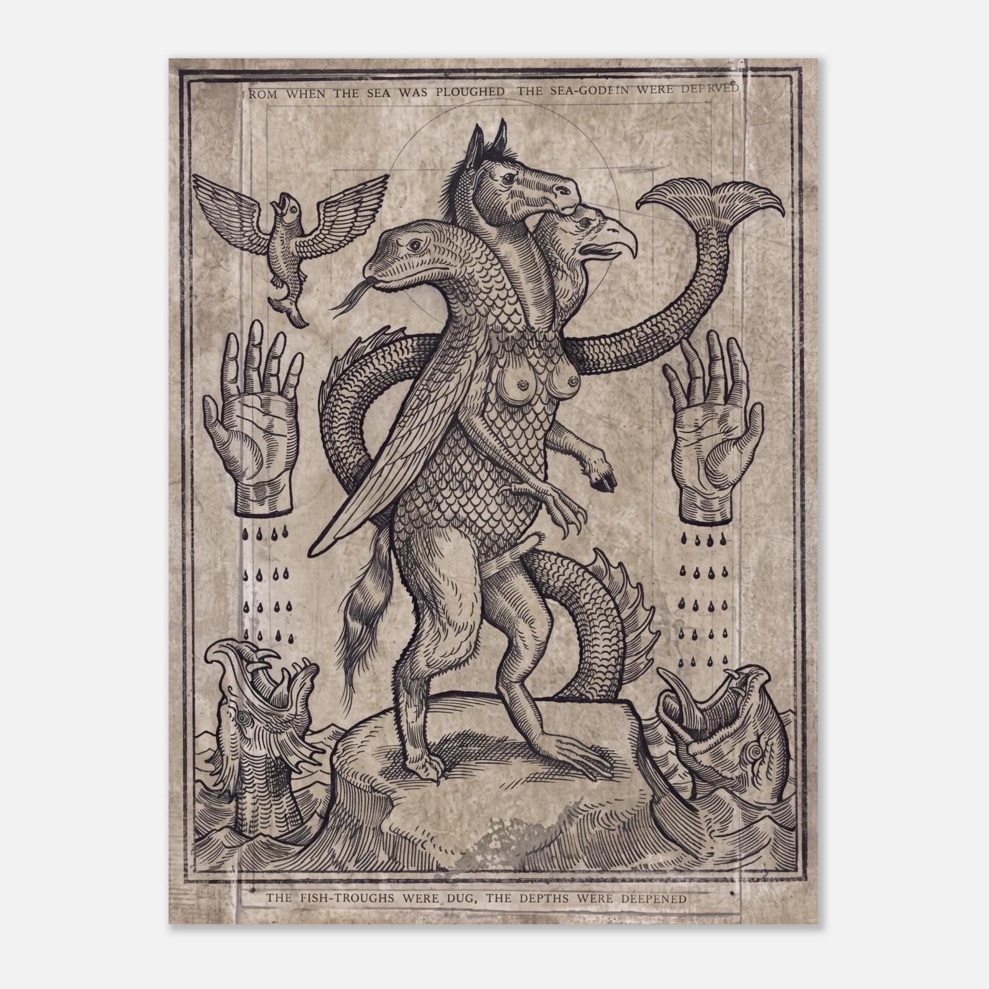 Vintage Occult Sea Monster Woodcut Wall Art Print Dark Mythology Chimera Engraving Gothic Folk Horror Decor Myth And Symbolism