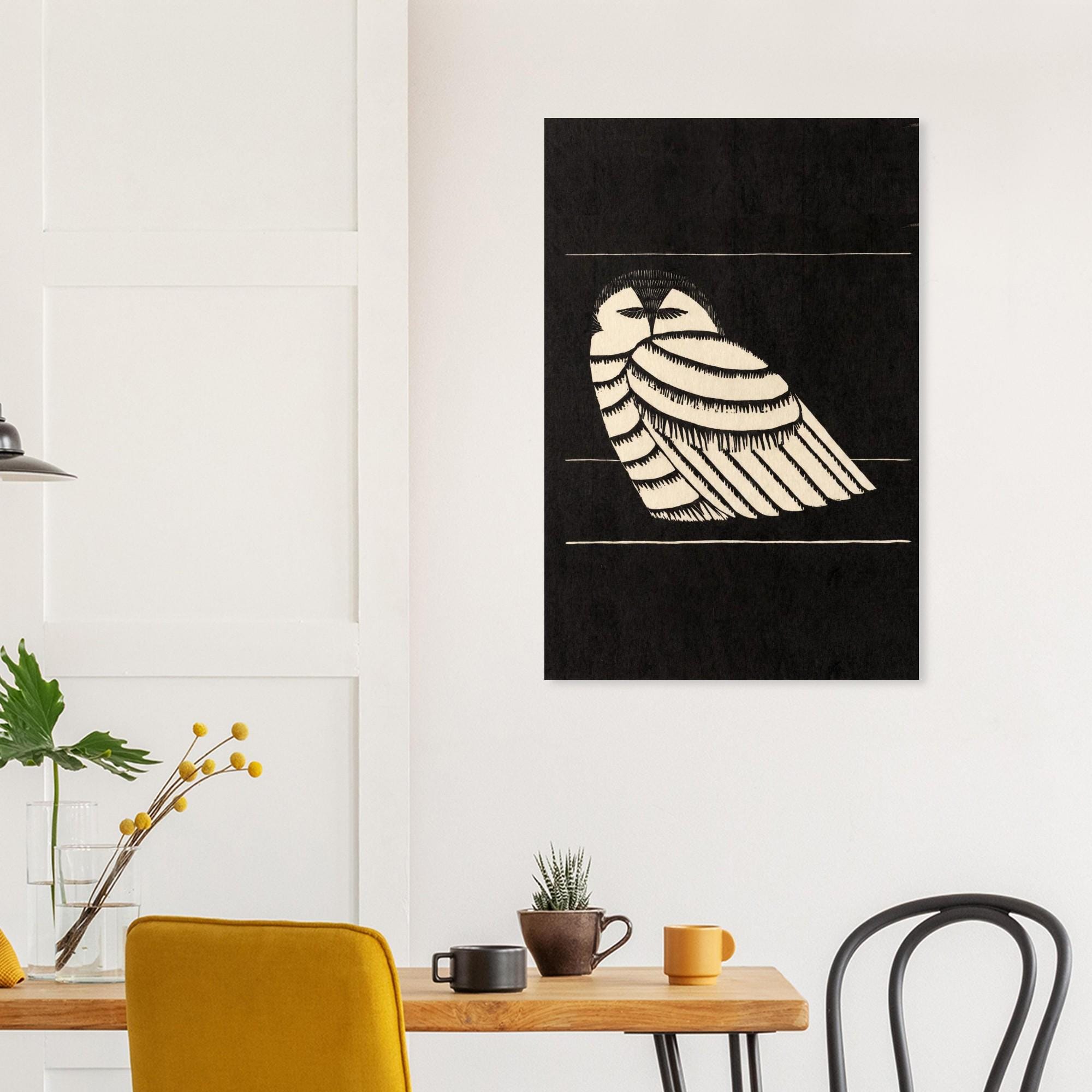 Samuel Jessurun de Mesquita Owl Woodcut Art Print | Minimalist Monochrome Bird Wall Decor | Vintage Mid Century Modernist Poster