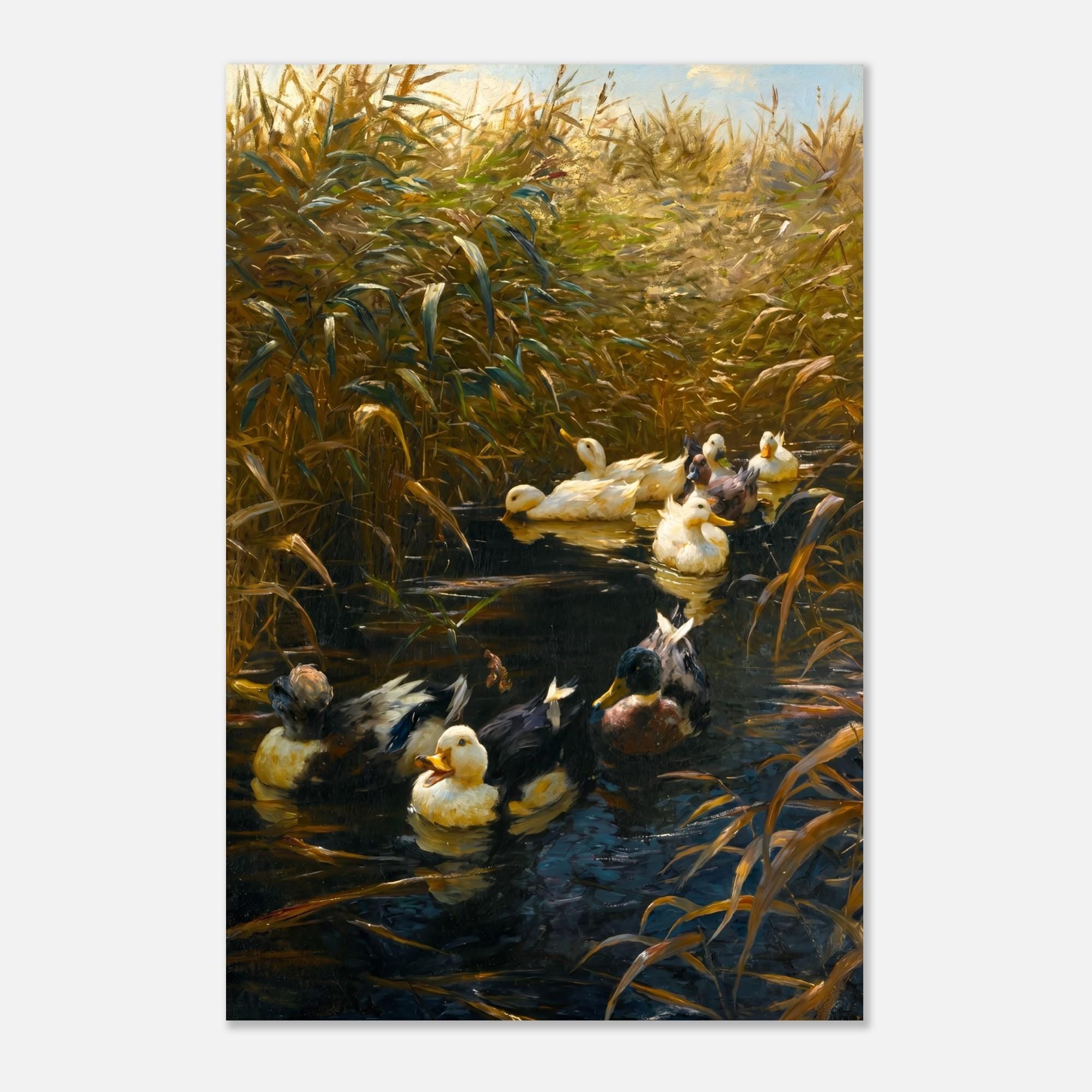 Vintage Mallard Duck Oil Painting Print Antique Nature Pond Scene Moody Country House Wall Decor Poster Animals Creatures