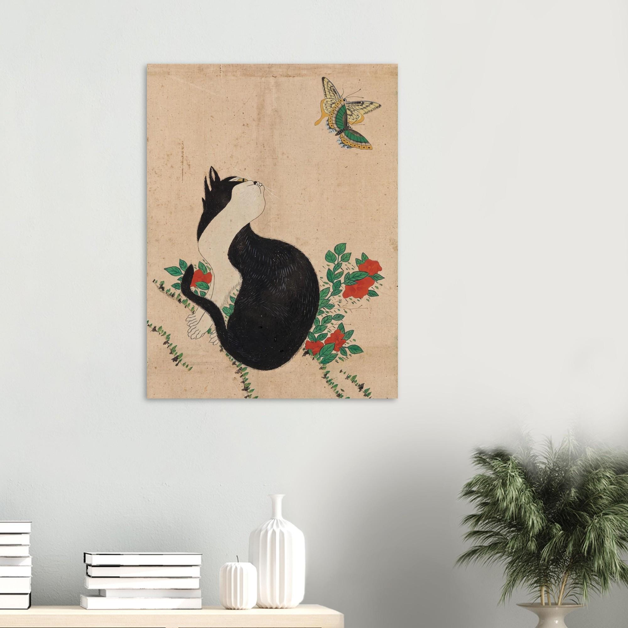 Korean Cat Painting Minhwa Print Asian Folk Art Black Cat Poster Cat Watching Butterfly Wall Art Woodblock And Asian Art Print