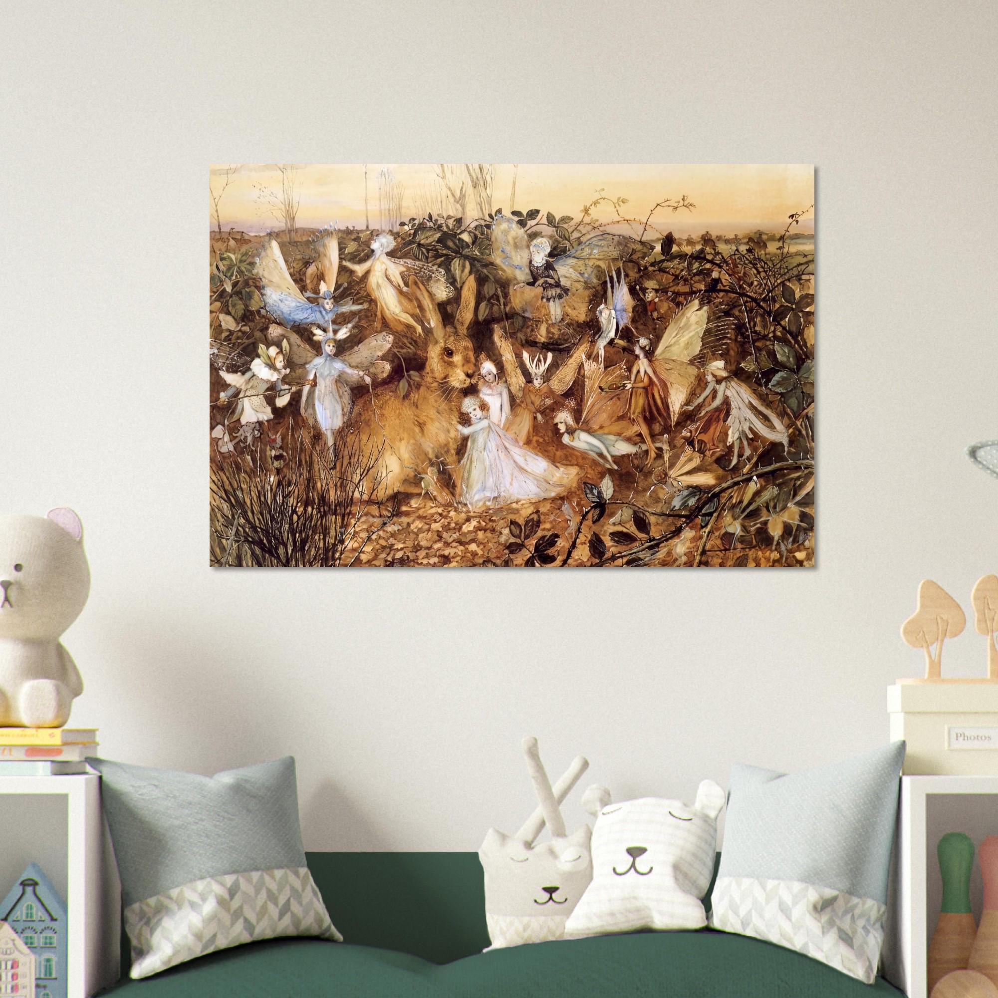 Vintage Victorian Fairy Art Print Whimsical Woodland Hare and Fairies Antique Fantasy Painting Wall Decor Myth Symbolism