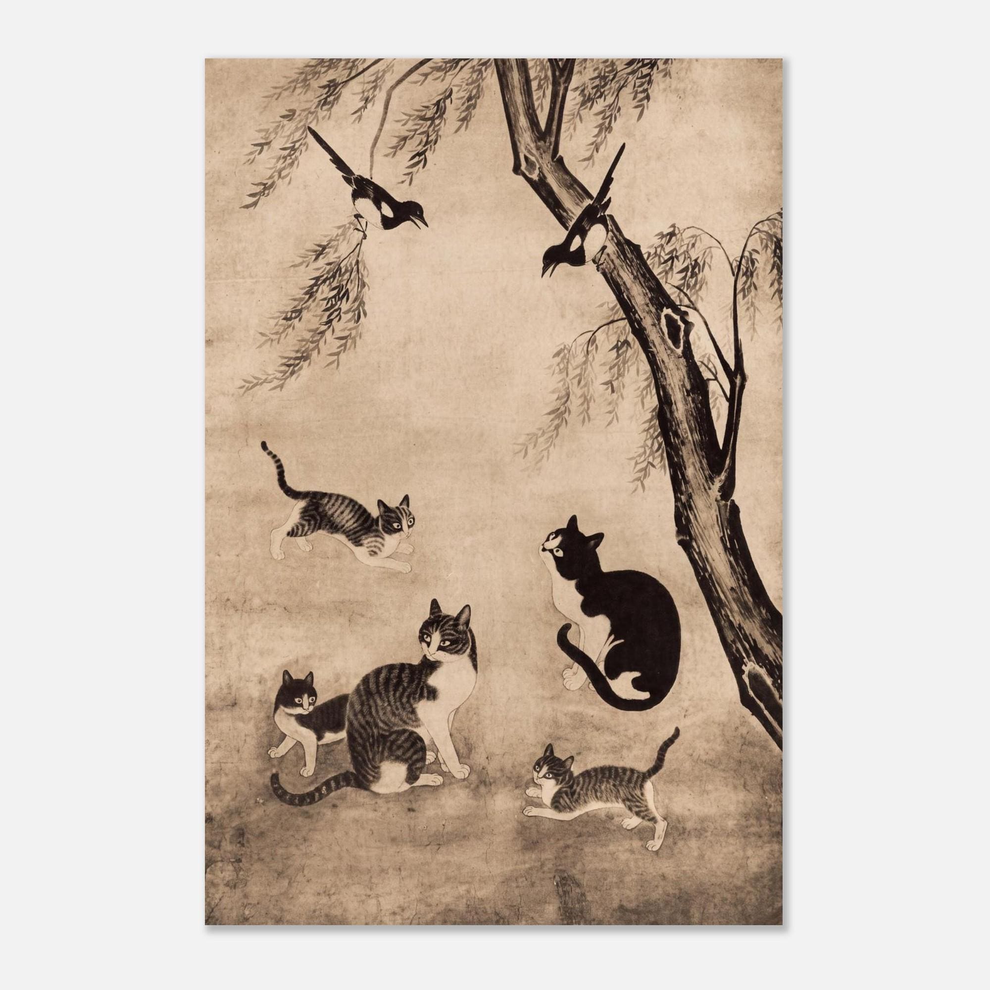 Vintage Korean Cat Art Print Myojakdo Joseon Dynasty Animal Painting Antique Asian Wall Decor Sparrow Bird Woodblock Asian Art