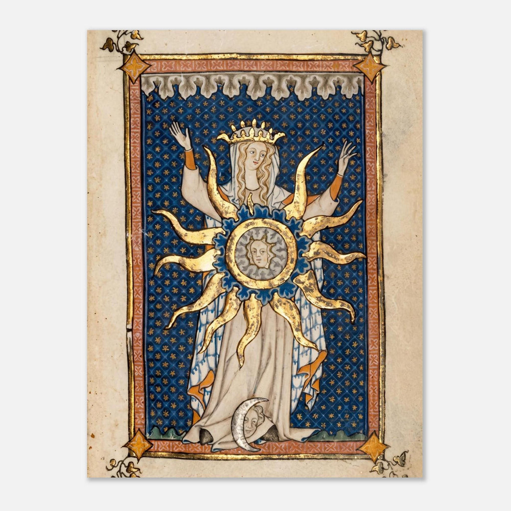 Medieval Manuscript Art Print Revelation 12 Woman Clothed With The Sun Moon Celestial Gothic Wall Decor Dark Academia Myth and Symbolism