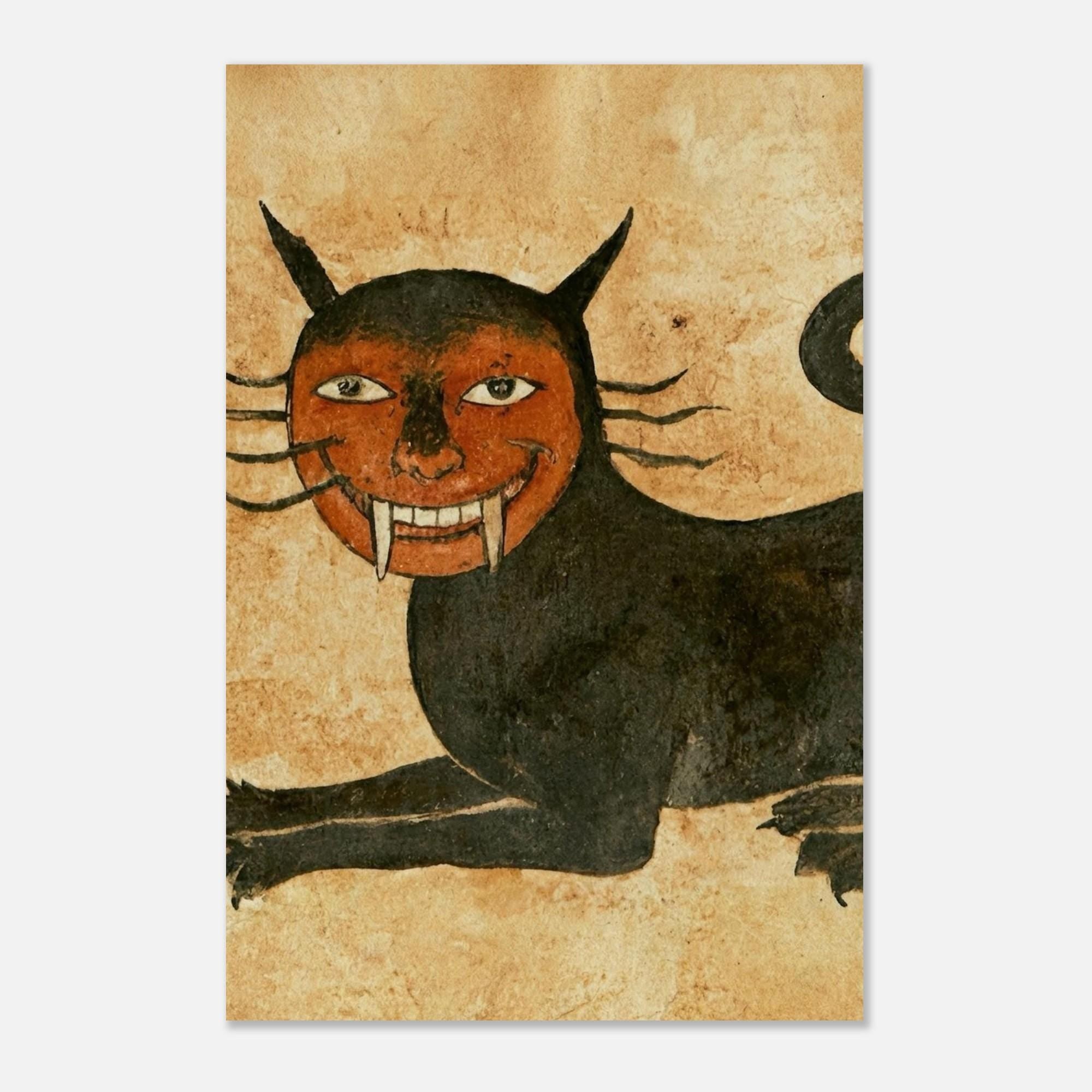 Funny Red Faced Medieval Cat with Fangs Art Print Black Cat Gothic Folk Painting Weird Oddity Wall Decor Folk & Naive Art 60d37