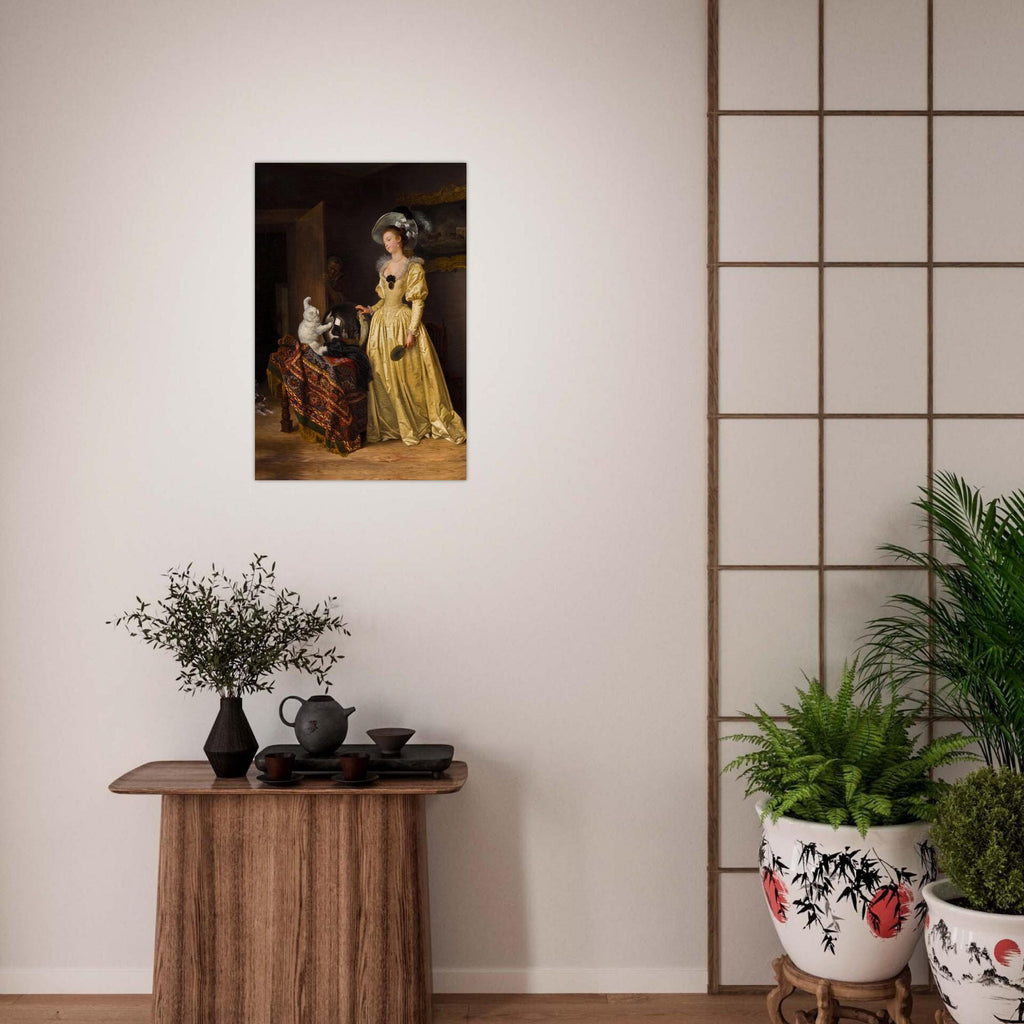 Vintage Fortune Teller Art Print Woman in Yellow Dress with White Cat Crystal Ball Moody Dark Academia Wall Art Portraits Figures