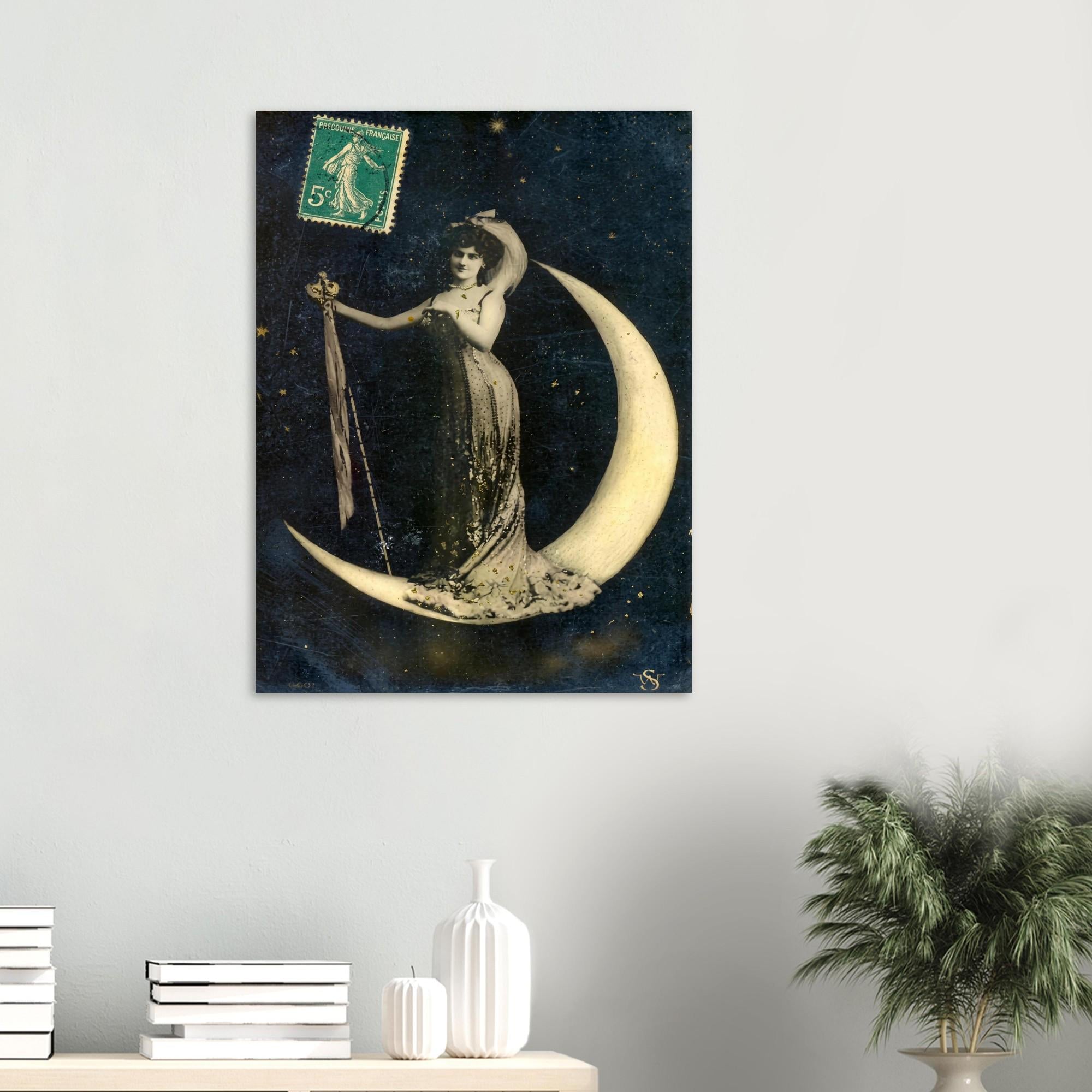 Vintage Celestial Moon Poster Belle Epoque French Postcard Goddess Print Antique Crescent Moon Wall Art Poster Art Nouveau Vintage