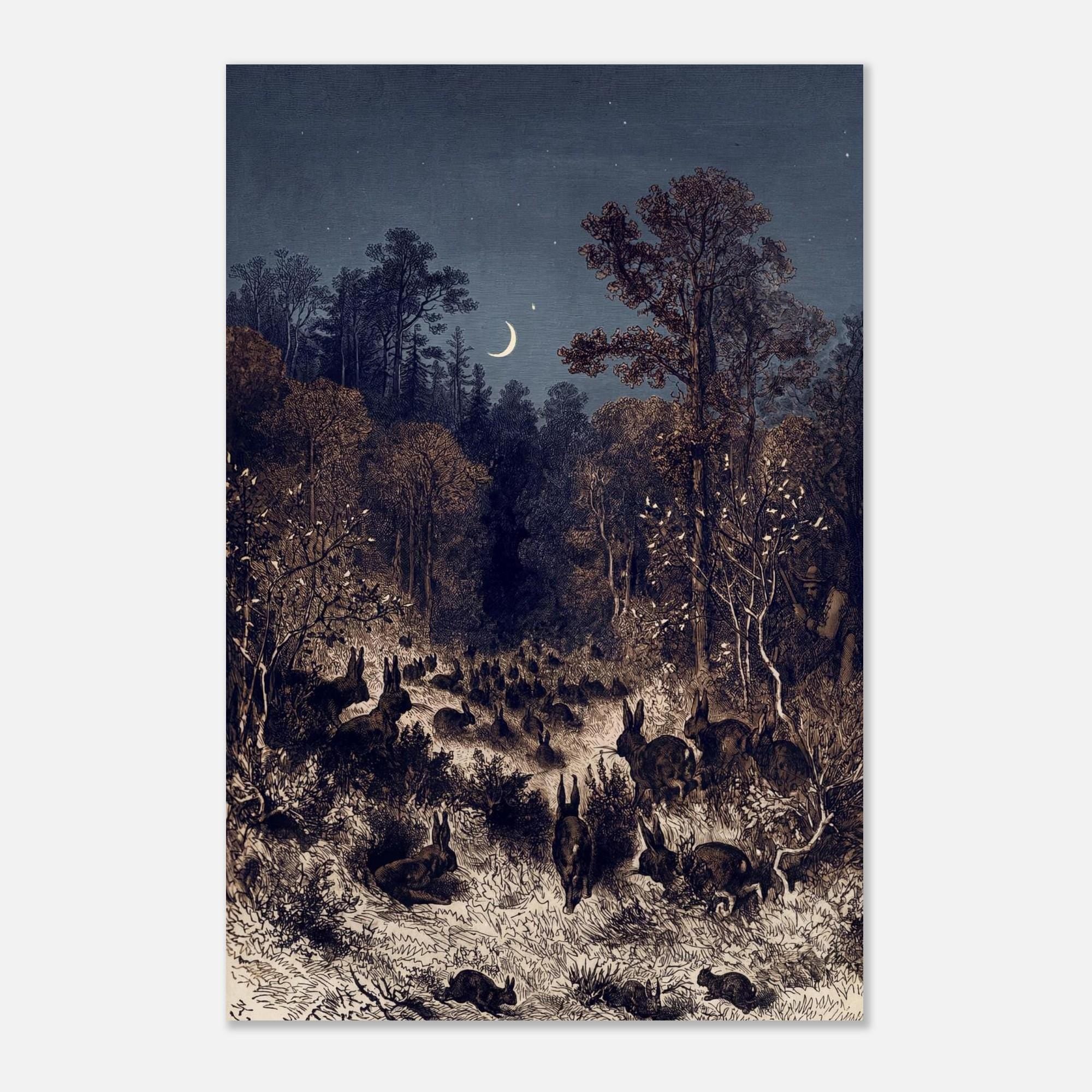 Antique Rabbit Forest Engraving Moody Moonlit Woodland Animals Vintage Bunny Wall Art Print Noir Nature Dark Academia & Moody
