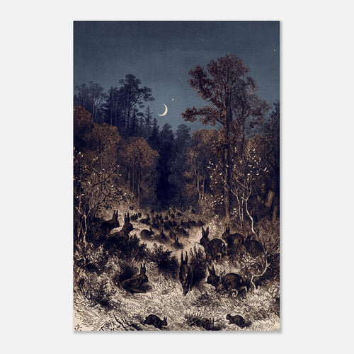 Antique Rabbit Forest Engraving Moody Moonlit Woodland Animals Vintage Bunny Wall Art Print Noir Nature Dark Academia & Moody