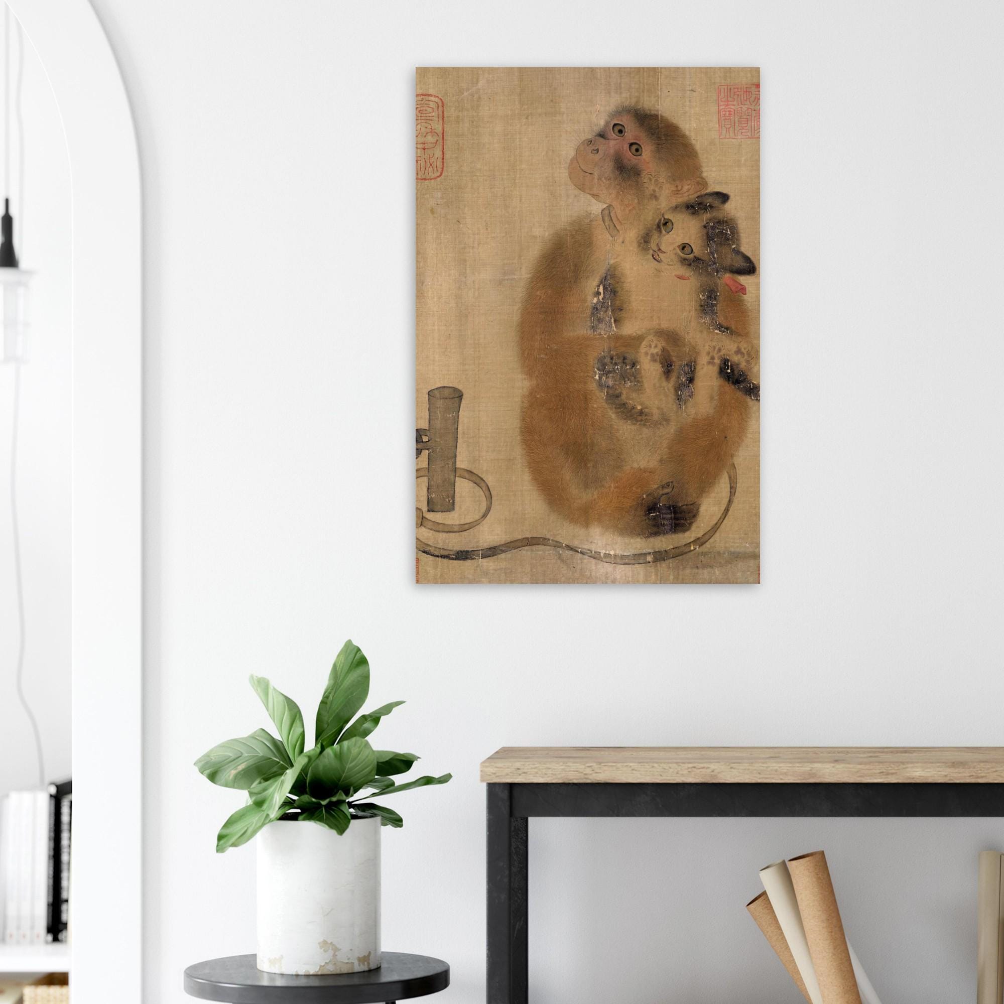 Monkey and Cat Art Print | Traditional Chinese Song Dynasty Wall Art | Vintage Asian Animal Painting | Zen Home Decor Poster