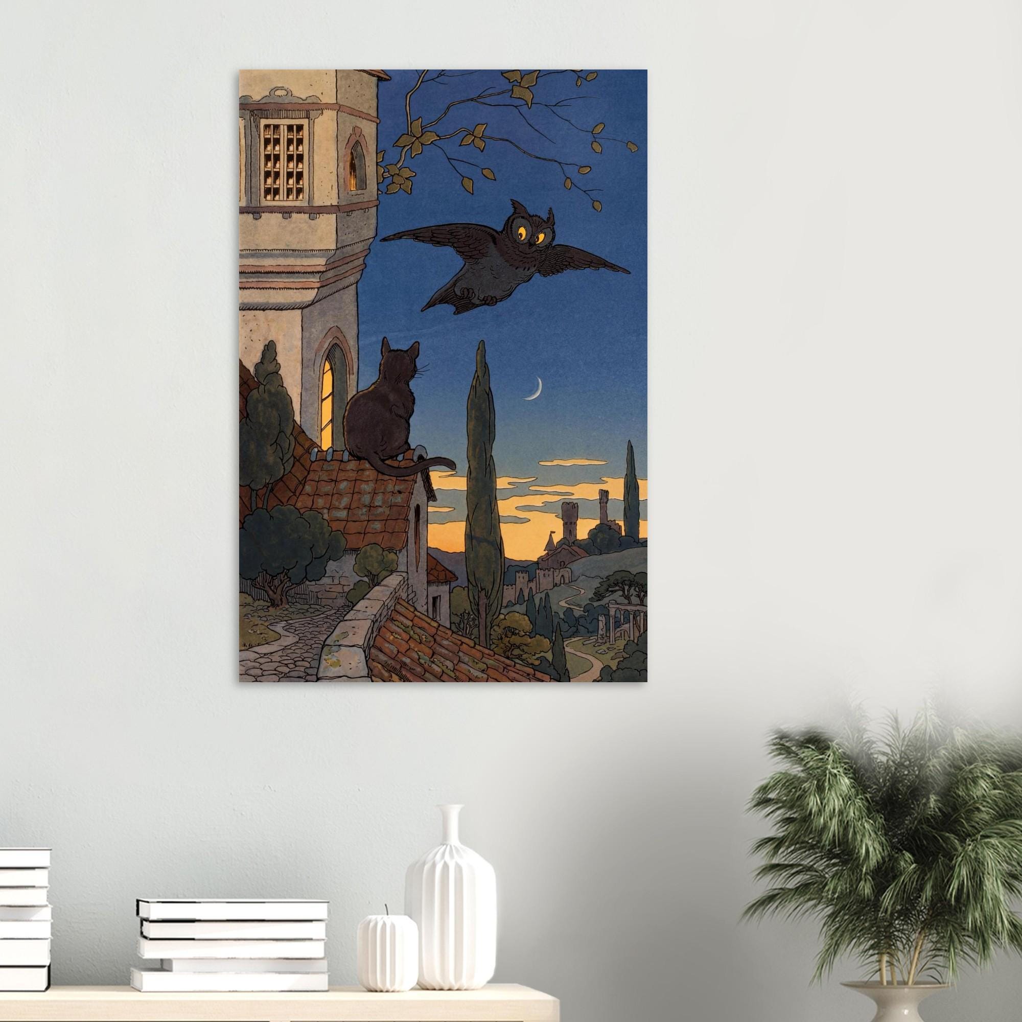 Vintage Owl and Cat Art Print, Whimsical Night Tower Illustration, Retro Animal Wall Decor, Unframed Art Nouveau & Vintage