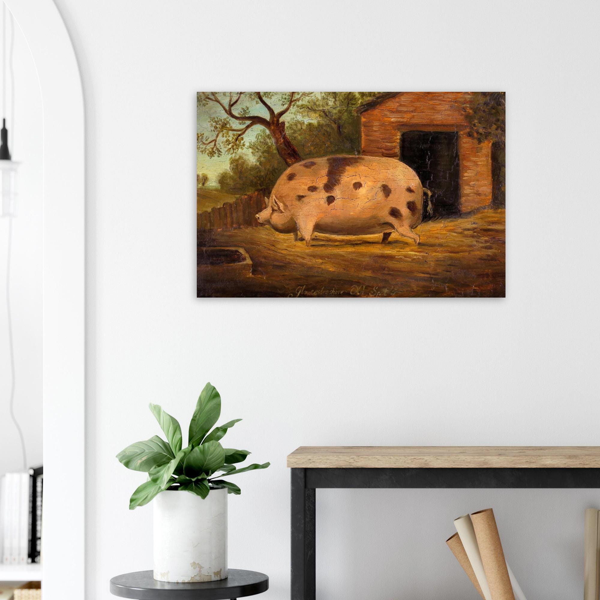 Vintage Pig Painting, Gloucestershire Old Spot Folk Art Print, Antique Farmhouse Wall Decor, Rustic Animal Portrait Poster
