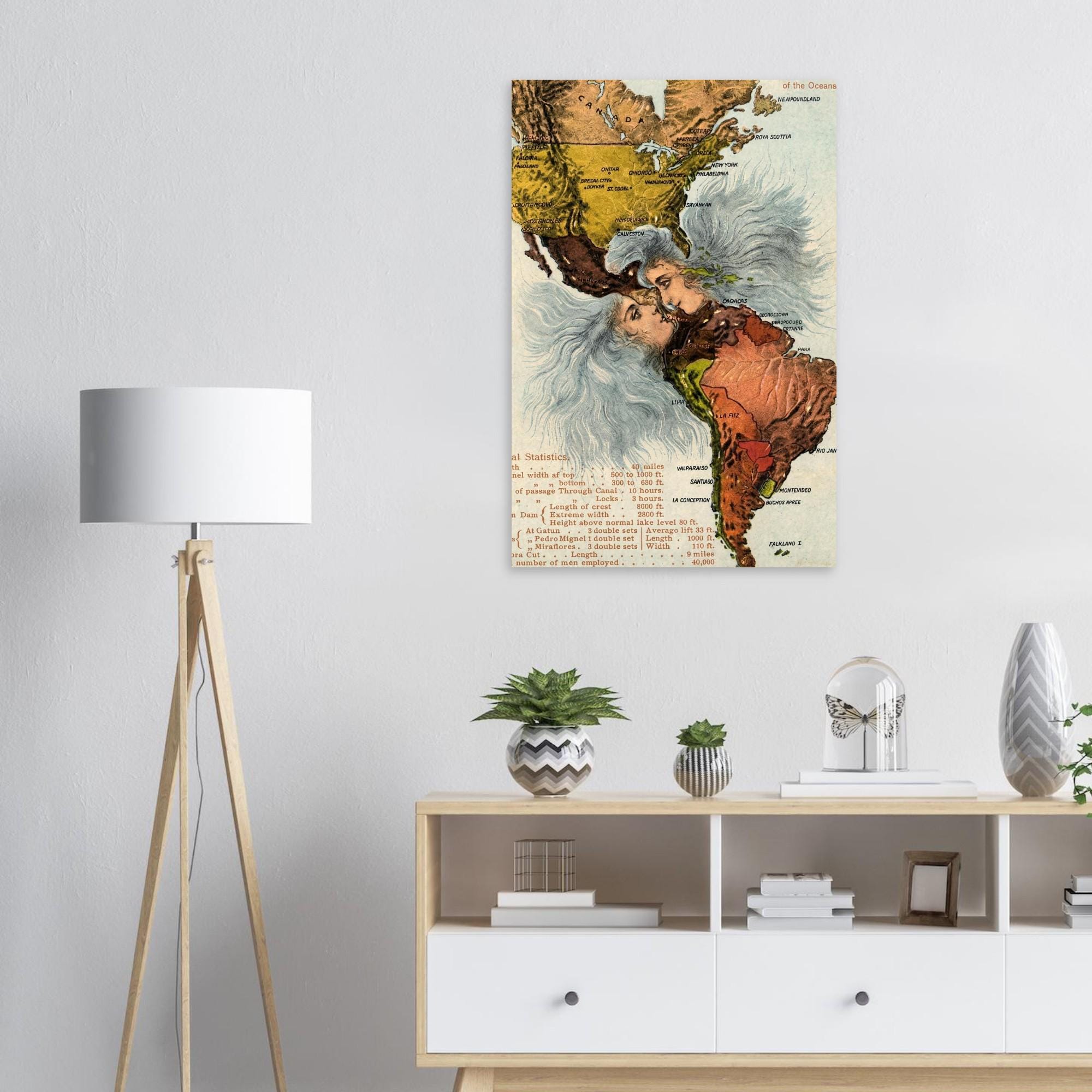 The Kiss of the Oceans Panama Canal Map Art Print | Vintage Allegorical Wall Decor | Antique Historical Poster | Nautical Map Gift